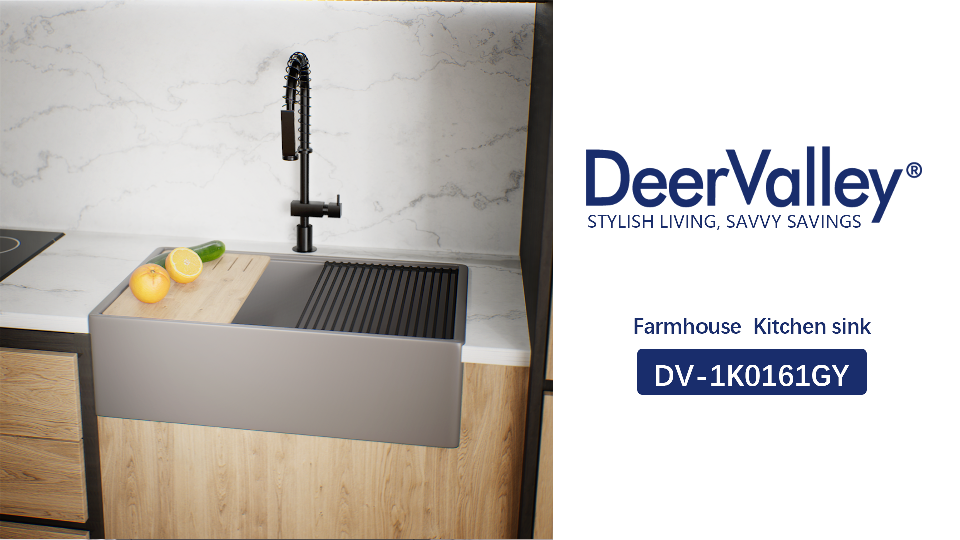 thumbnail video image 2 of DV-1K0161GY 33"L x 20"W Kitchen Sink, Farmhouse Workstation Sink with Cutting Board and Dish Drying Rack, 2 of 18
