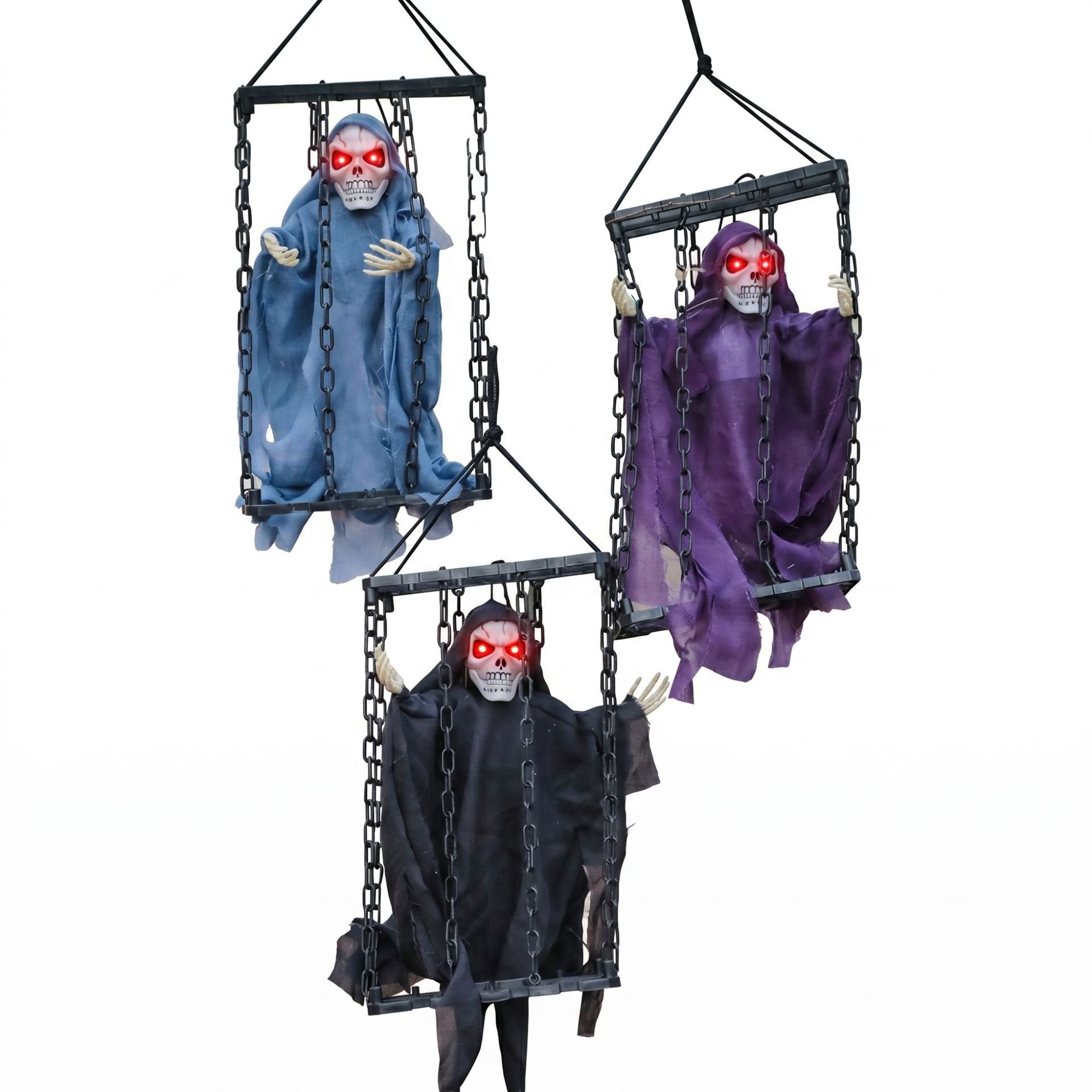 thumbnail video image 2 of Halloween Hanging Cage Ghost Decoration, Animated Scary Skeleton with Chains & Red LED Eyes, Sound Activated Haunted House Prop for Porch Yard, 2 of 12