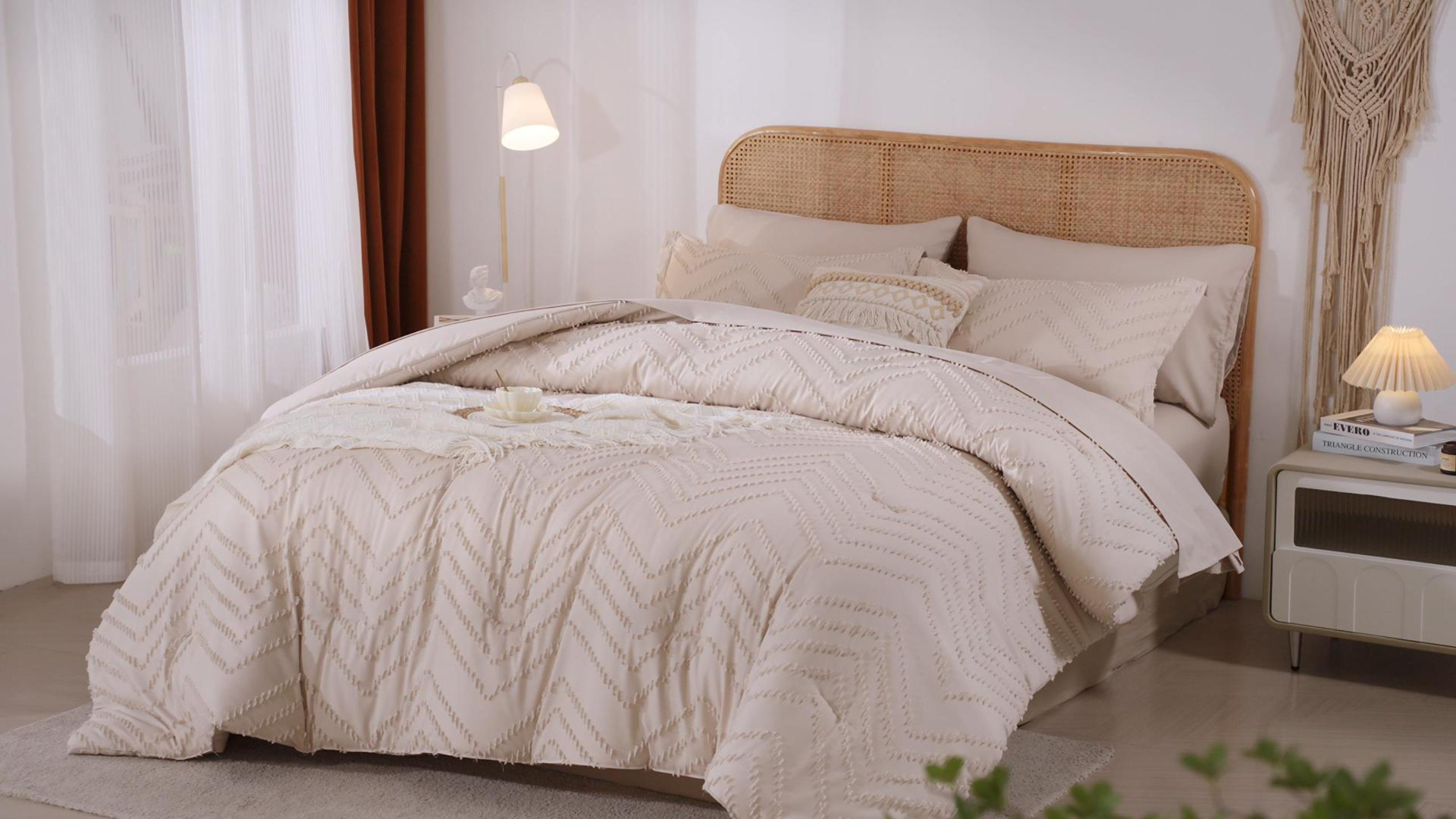 thumbnail video image 2 of Davulos Queen Comforter Set Burnt Orange 7 Pieces, Boho Bed in a Bag Queen Size Geometric Soft Microfiber All Season Bedding Set with Comforter, Sheets, Pillowcases & Shams, 2 of 9