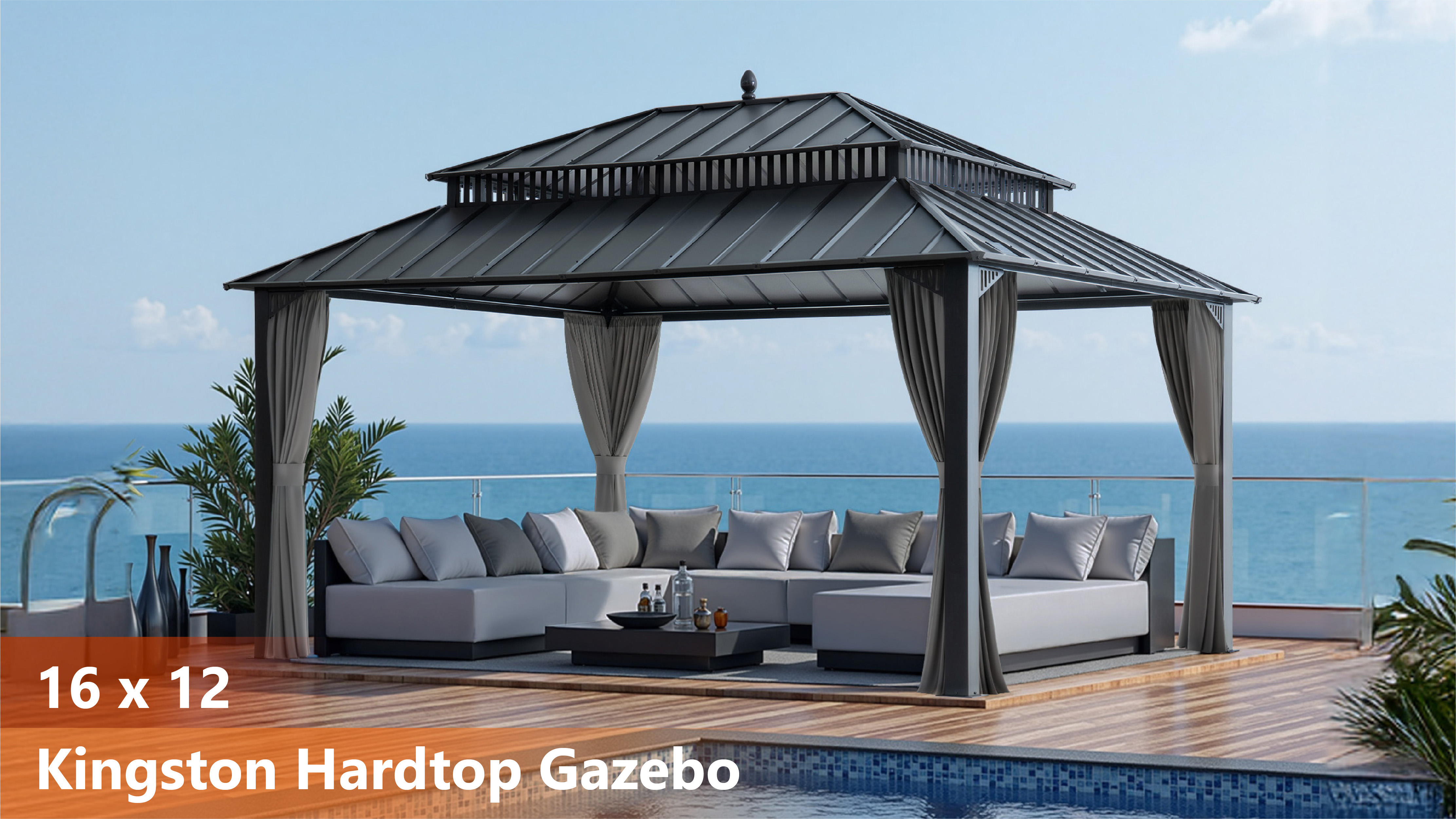 thumbnail video image 2 of Sunjoy 16x12 Gazebo Steel Hardtop with Curtain and Netting - Brown Aluminum Posts,,Kingston Series, 2 of 18
