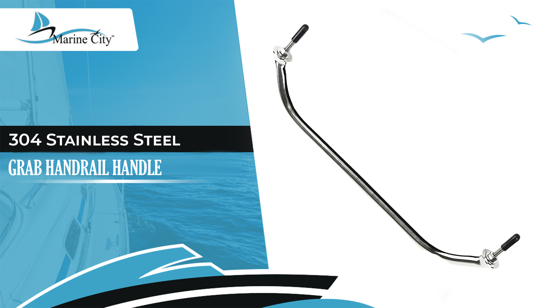 thumbnail video image 2 of MARINE CITY Stainless Steel Polished Oval Grab Rail Handle with Flange and Stud for Boats Ships Yachts 16 Inches, 2 of 8