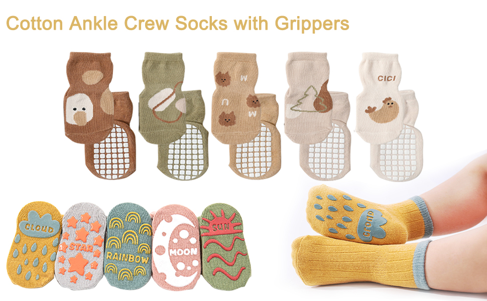 thumbnail video image 2 of Tisoloow Toddler Non Slip Socks with Grips Baby Socks for Kids Girls Boys Baby Cotton Ankle Crew Socks with Grippers 5 Pairs D 0-1 Years, 2 of 9