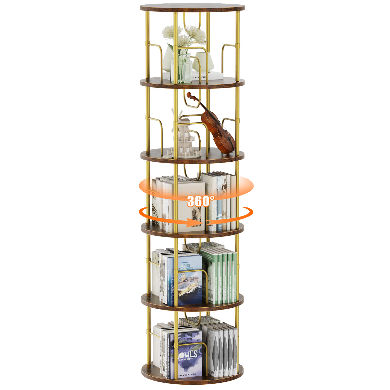 thumbnail video image 2 of Flycity 5 Tier Rotating Bookshelf, 360° Display Rotating Bookcase Corner Storage Rack with Special Visible Partition Storage, Black, 2 of 9