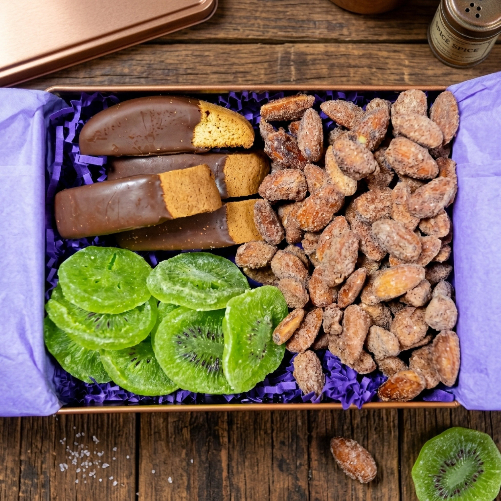 thumbnail video image 2 of Sugar Plum Chocolates Dried Fruit and Nut with Chocolate Salted Caramel Biscotti Gift Tin Kosher 3 Snacks 12.2 Oz, 2 of 8