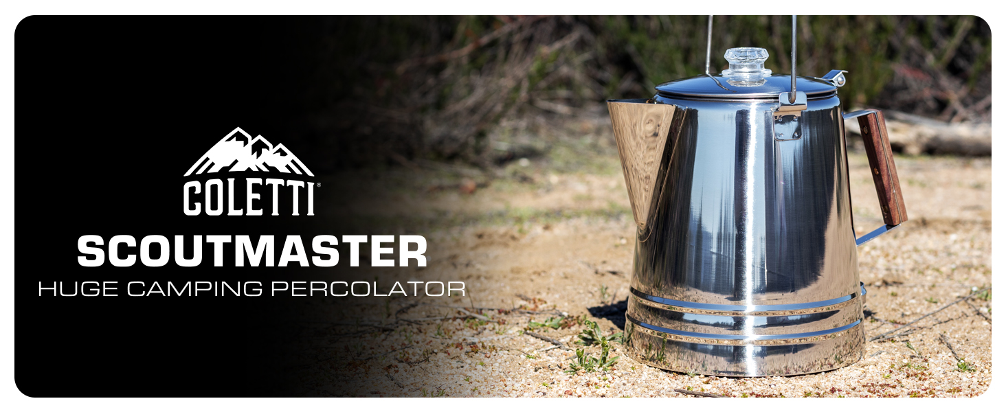 thumbnail video image 2 of COLETTI Scoutmaster Coffee Percolator Camping - Campfire Coffee Pot - Camping Coffee Pot— The Ultimate Camping Coffee Maker [24 Cup], 2 of 8