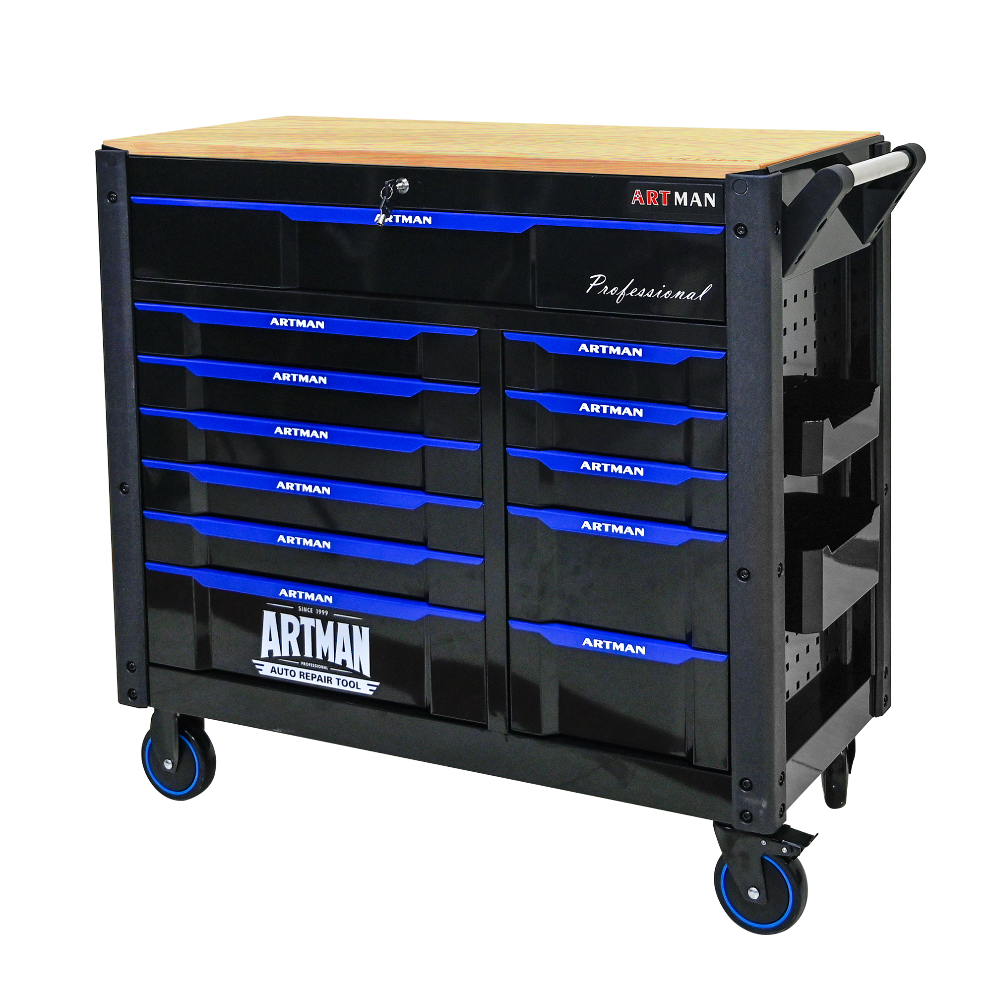 thumbnail video image 2 of ARTMAN 12-Drawer Rolling Tool Cabinet with Wooden Top – Heavy-Duty Steel Cart, Ball-Bearing Drawers & Locking Wheels for Workshop/Garage (Black & Blue), 2 of 16