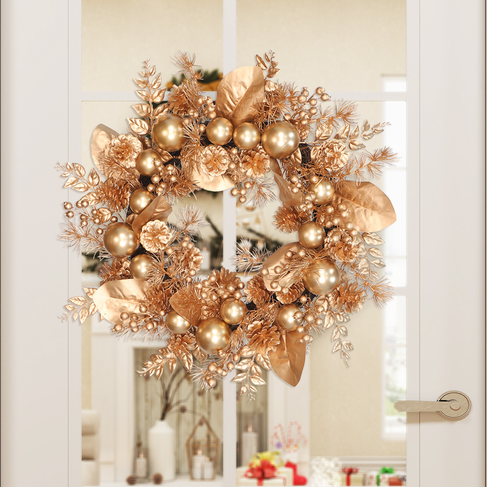 thumbnail video image 2 of Abble 24" Indoor Outdoor Artificial Christmas Wreath - Decorated with Berries, Pinecones, Leaves, Balls for Wall Fireplace, Door, Window (Gold), 2 of 7