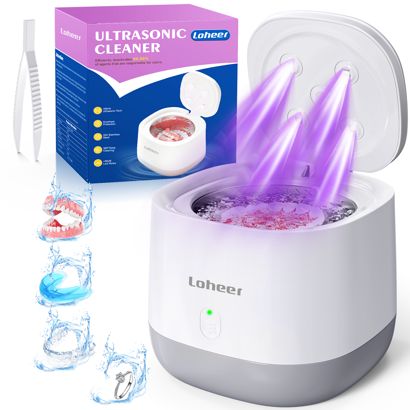 thumbnail video image 2 of Loheer Ultrasonic Retainer Cleaner Machine, 45kHz Dentures Cleaner for Mouth Guards, Braces, Toothbrush Heads, Jewelry, 4 UV Lights, 250ML Capacity, 2 of 8