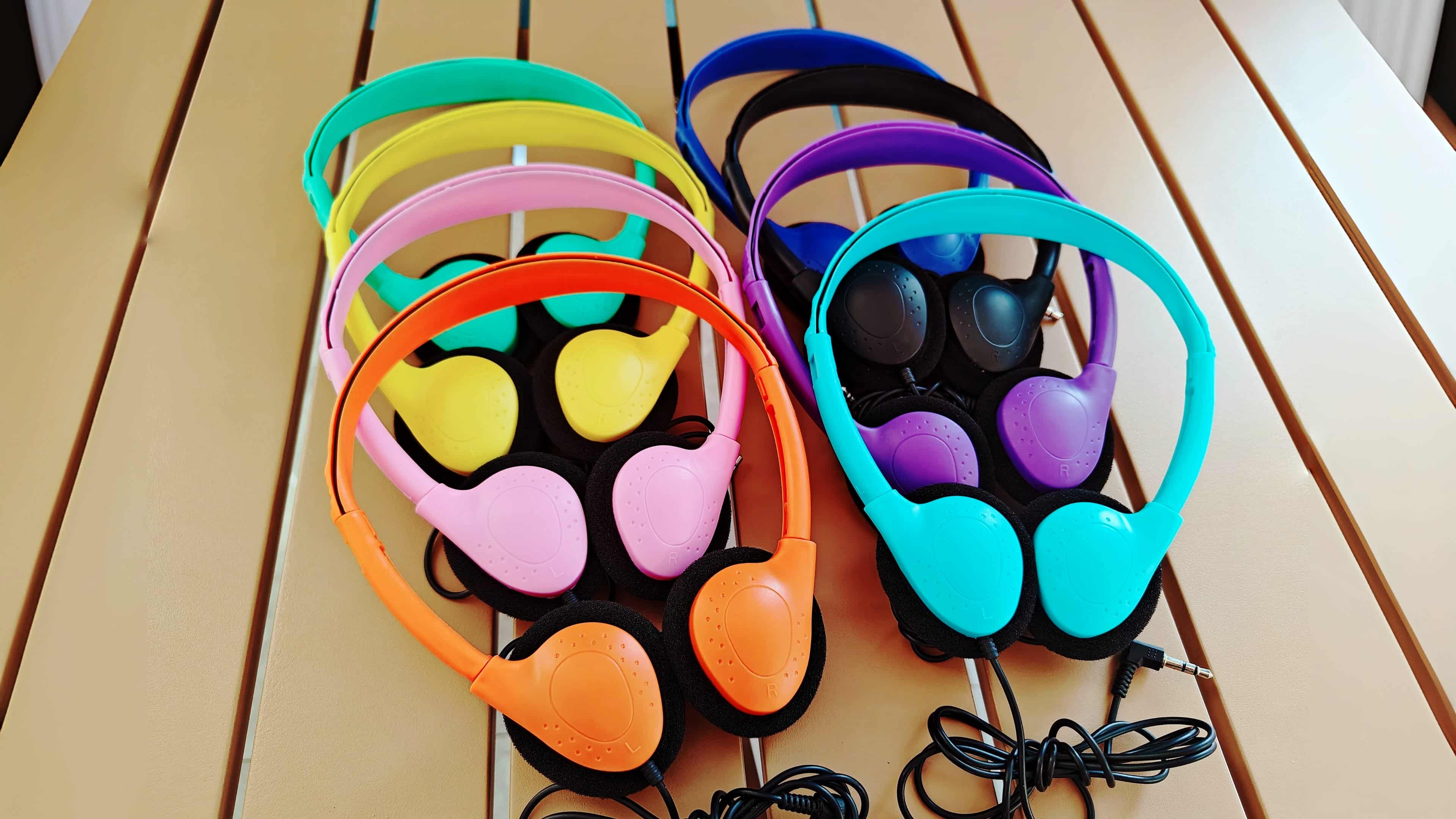 thumbnail video image 2 of 24 Pack Bulk Headphones for School Classroom, Adjustable On-Ear Headsets Wired Fit Kids to Adults, Wholesale Class Set Individually Packed（8 Colors）, 2 of 7