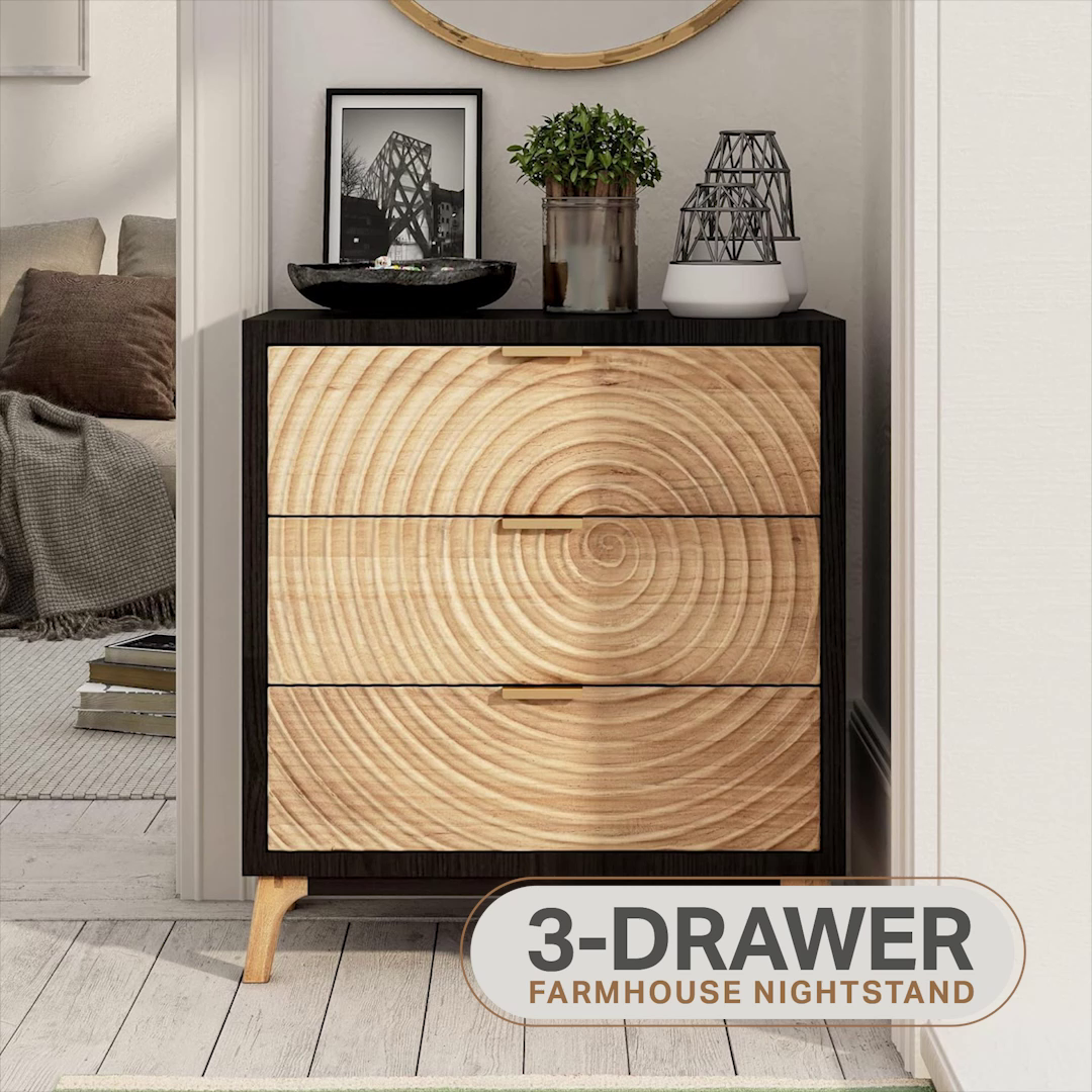 thumbnail video image 2 of COZAYH 3 Drawer Farmhouse Nightstand Wood Storage Cabinet Accent Chest, Black, Set of 2, 2 of 11