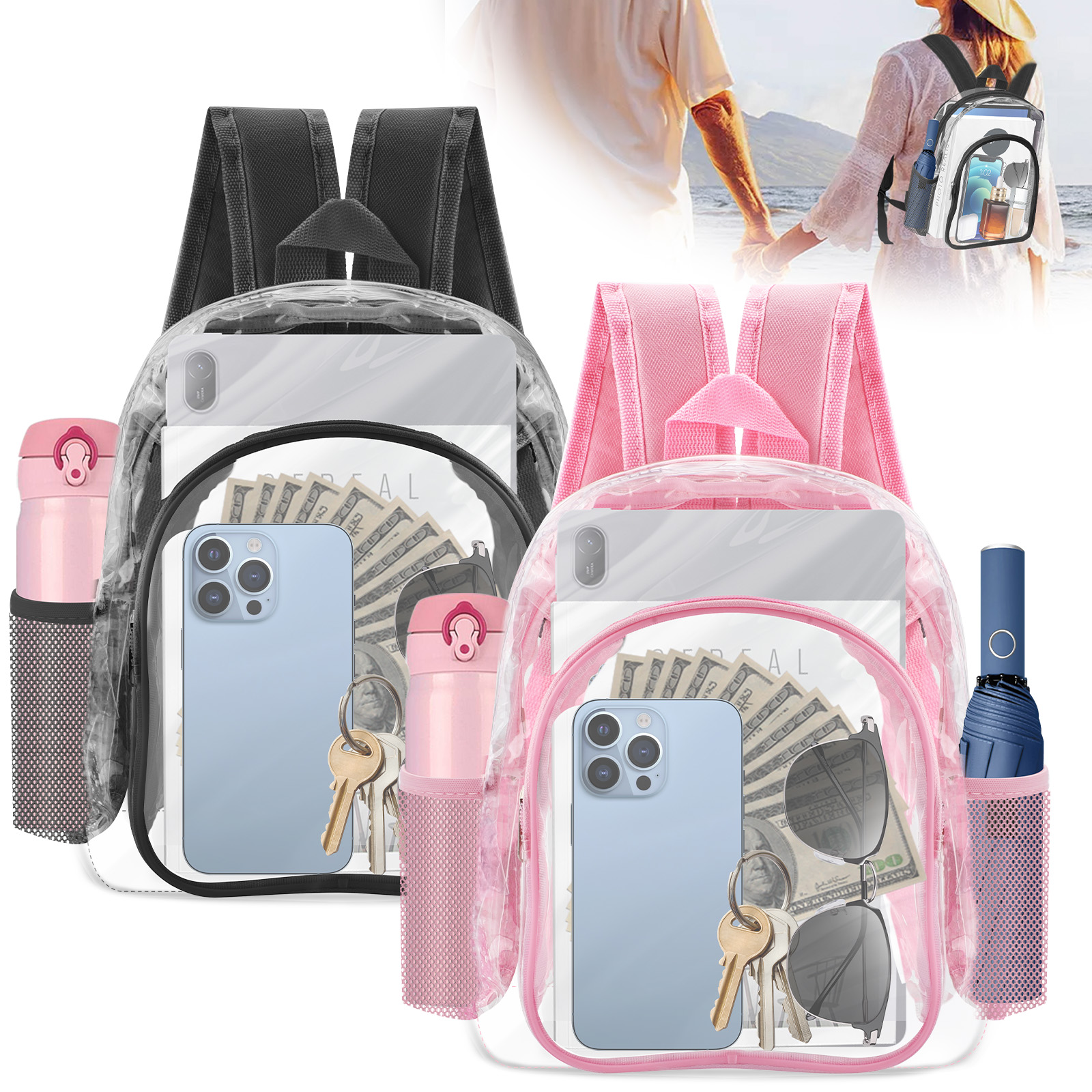thumbnail video image 2 of EEEkit Clear Backpack, Waterproof PVC Bookbag with Adjustable Straps for School Travel, 2 of 8