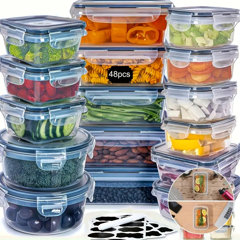 thumbnail video image 2 of 24-Pack Airtight Food Storage Container Set With Easy Snap Lock Lids - BPA-Free Plastic Containers For Picnics With 12 Boxes and 12 Lids, Camping, Office, And School, 2 of 10