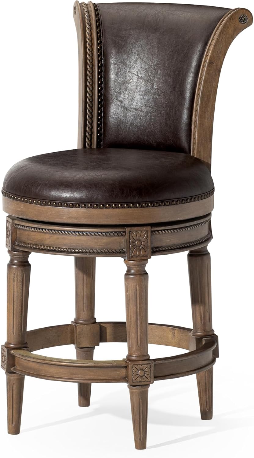 thumbnail video image 2 of Maven Lane 26" Counter Height Bar Stool - Handcrafted Swivel Bar Stool with Walnut Finish and Marksman Saddle Vegan Leather - Bring Seamless Style and Comfort to Kitchen Islands and Dining Spaces, 2 of 12