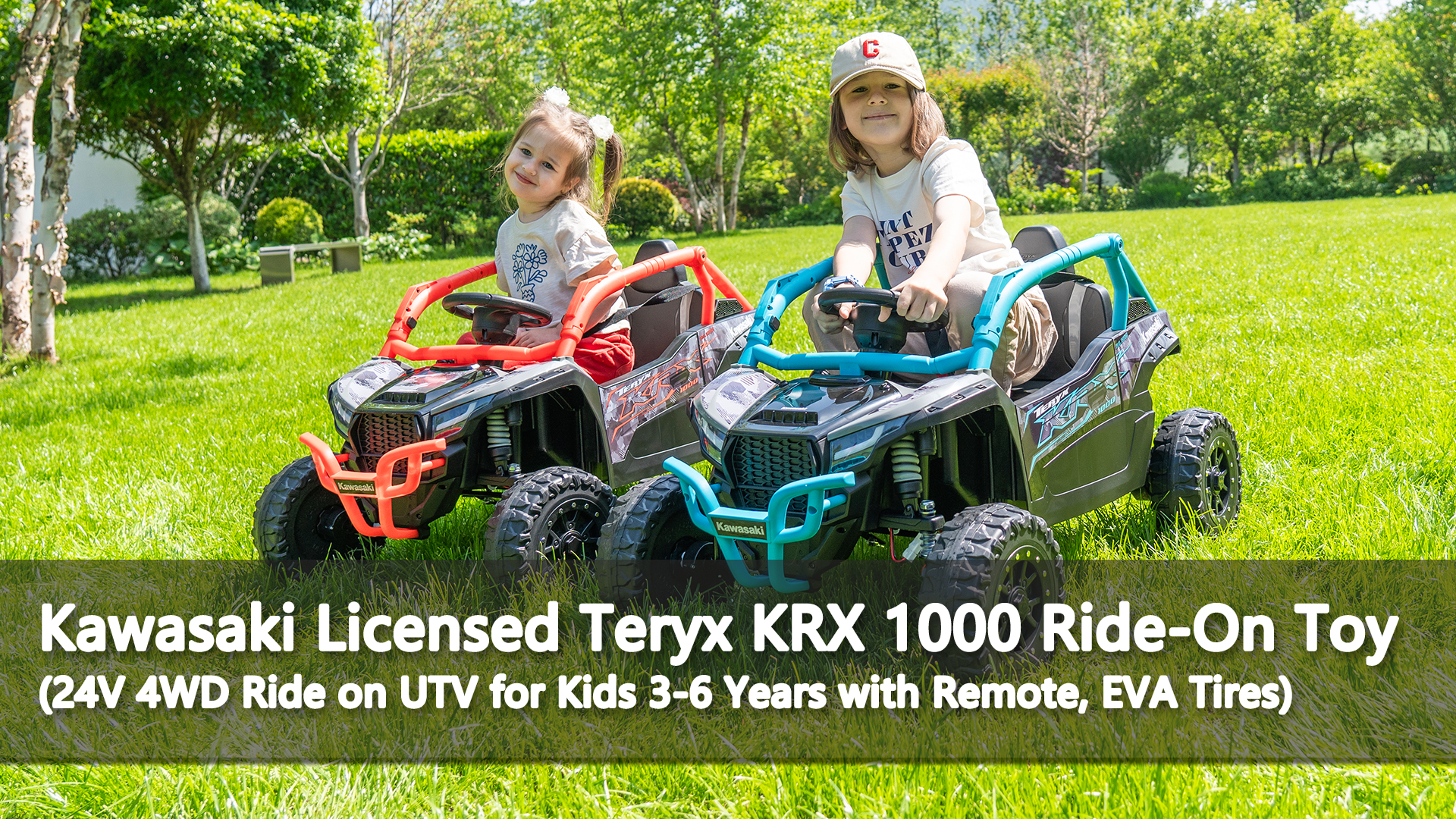 thumbnail video image 2 of Sopbost Kawasaki Teryx KRX 1000 Licensed 24V Kids Ride On Toy, 4WD Electric Ride on UTV for Kids Ages 3–6 with Remote, EVA Tires, 4 Mph, Blue, 2 of 9