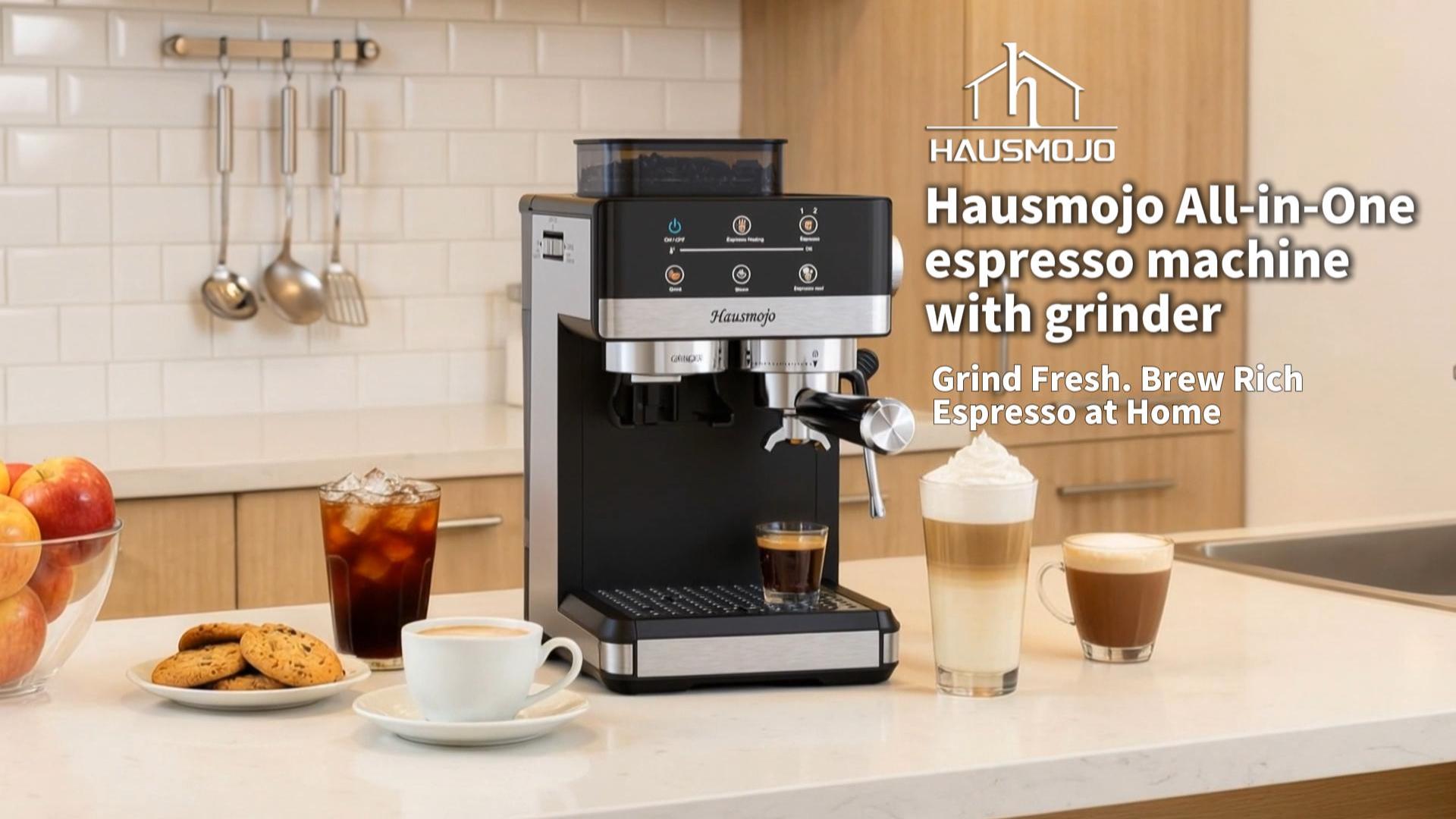 thumbnail video image 2 of Hausmojo M5520 Espresso Machine with Grinder & Milk Frother , 20 Bar Semi-Automatic Cappuccino Latte Maker for Home, 2 of 10
