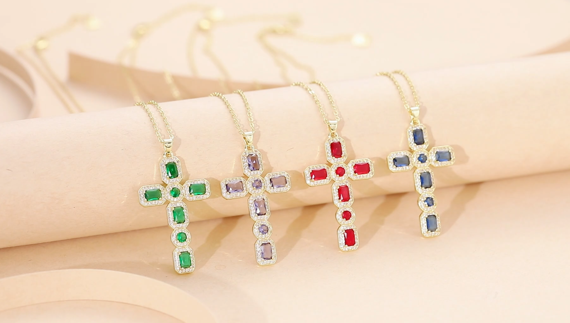 thumbnail video image 2 of Linawe Champagne Cross Charm Necklace for Women Trendy, Silver Chain Cross Pendant Necklace, Moissanite Crystal Imitation Diamond Birthstone Cute Jewelry, Catholic Religious Gifts Mom, 2 of 7