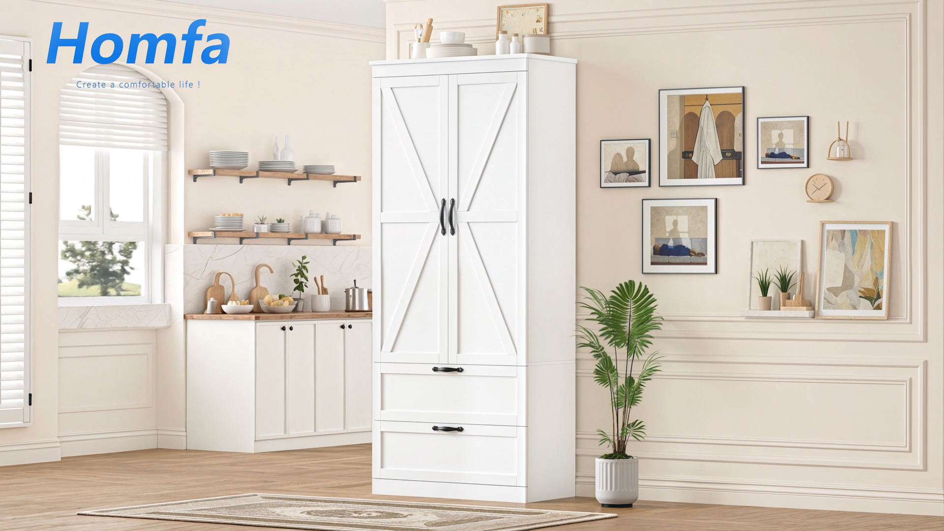 thumbnail video image 2 of Homfa 70'' Tall Kitchen Pantry with Shelf & Drawer, Farmhouse 2 Door Pantry Storage Cabinet for Dining Room Living Room, White, 2 of 8