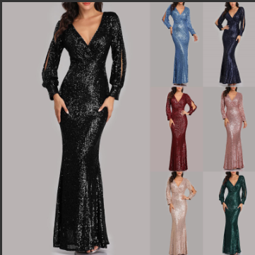 thumbnail video image 2 of DondPO Sequin Dress for Women,Long Sleeve Dress Fishtail Evening Dresses Embroidered Wedding Bridesmaid Evening Bandage Prom Ball Gowns Plus Size Dresses,Maxi Dress Blue Dress L, 2 of 6