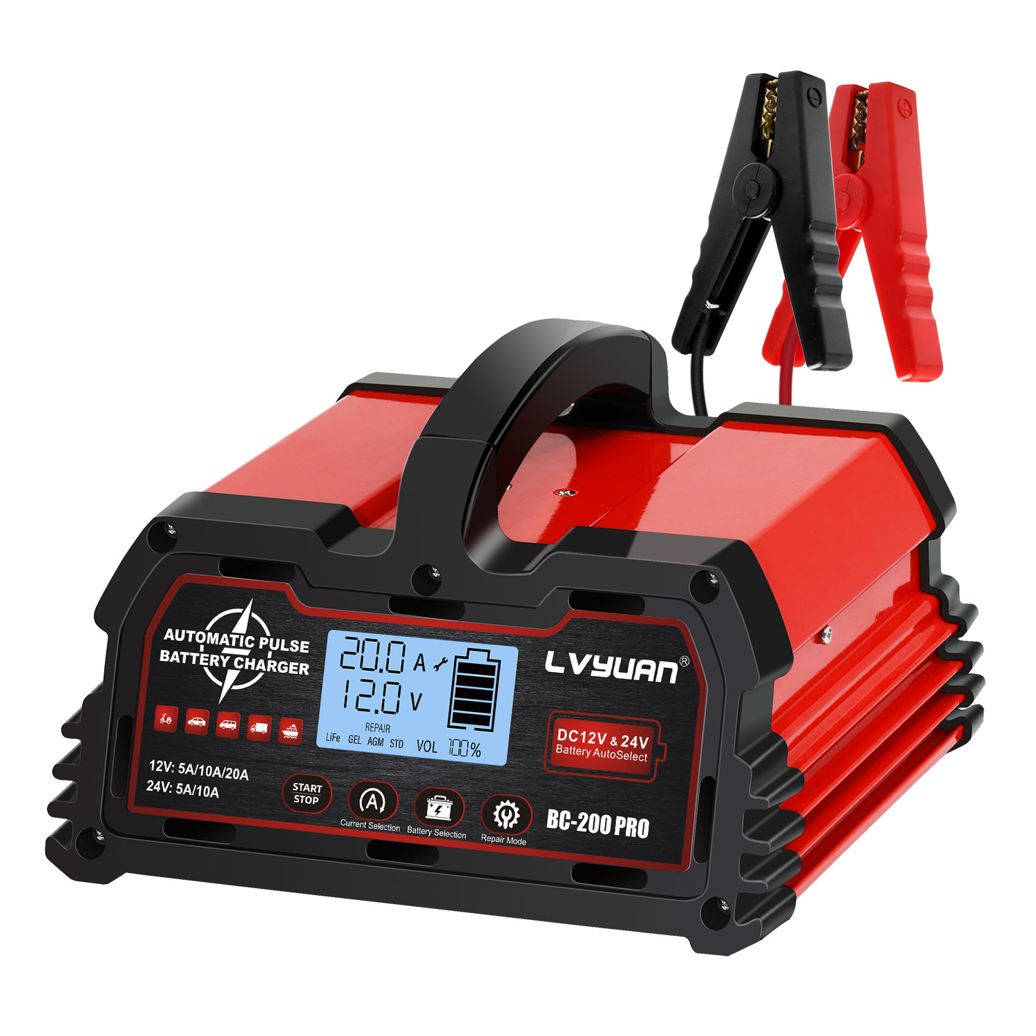 thumbnail video image 2 of LVYUAN 20A 12V/24V Automotive Battery Charger Float & Trickle Battery Charger Maintainer Desulfator for Car, Truck, Motorcycle, lawn mower, LiFePO4 & Lead-Acid Batteries, 2 of 15