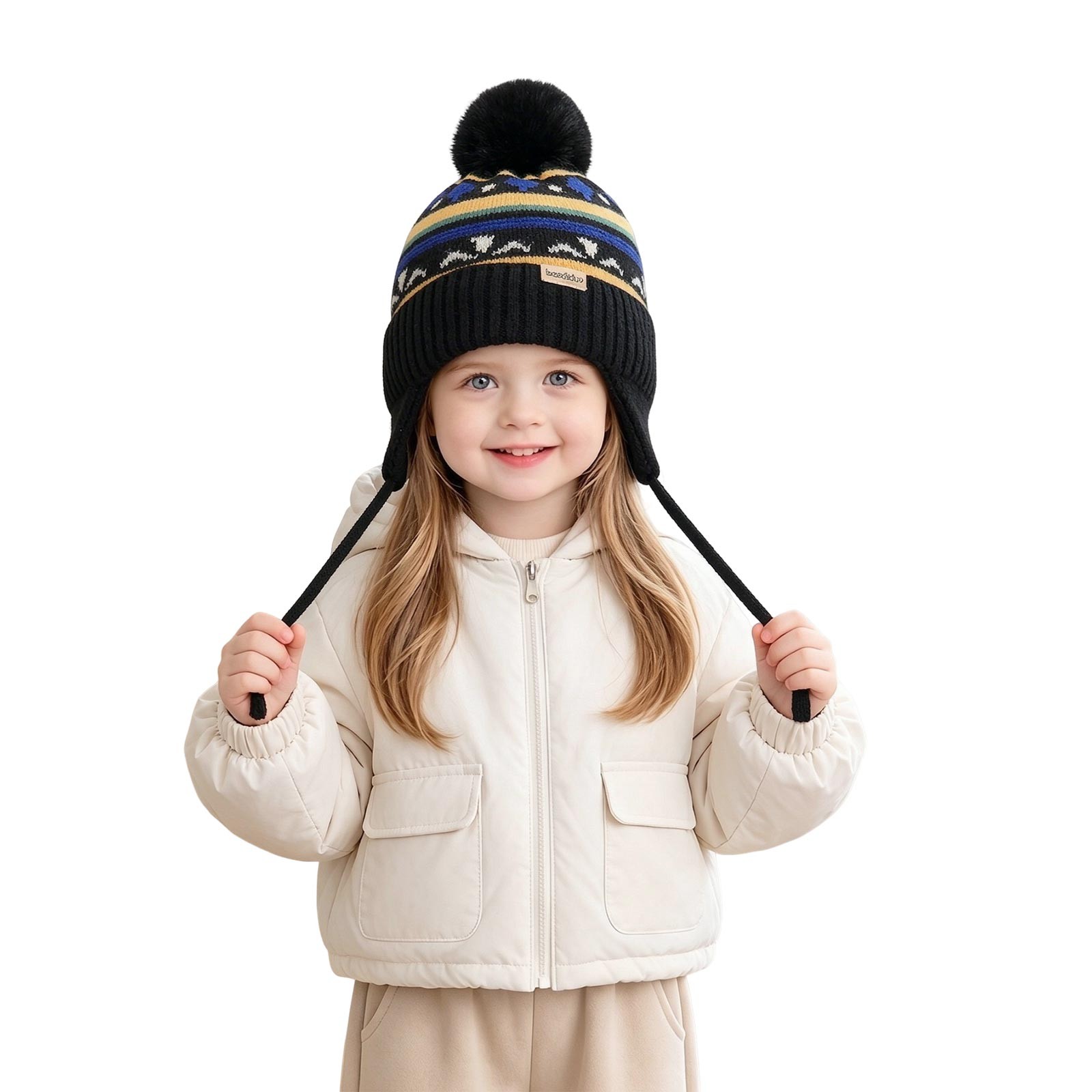 thumbnail video image 2 of SRZYMJ Toddler Winter Hat Knit Earflap Beanie Pom Cap for Boys Girls Pom Top, Earflap Coverage, 2 of 6