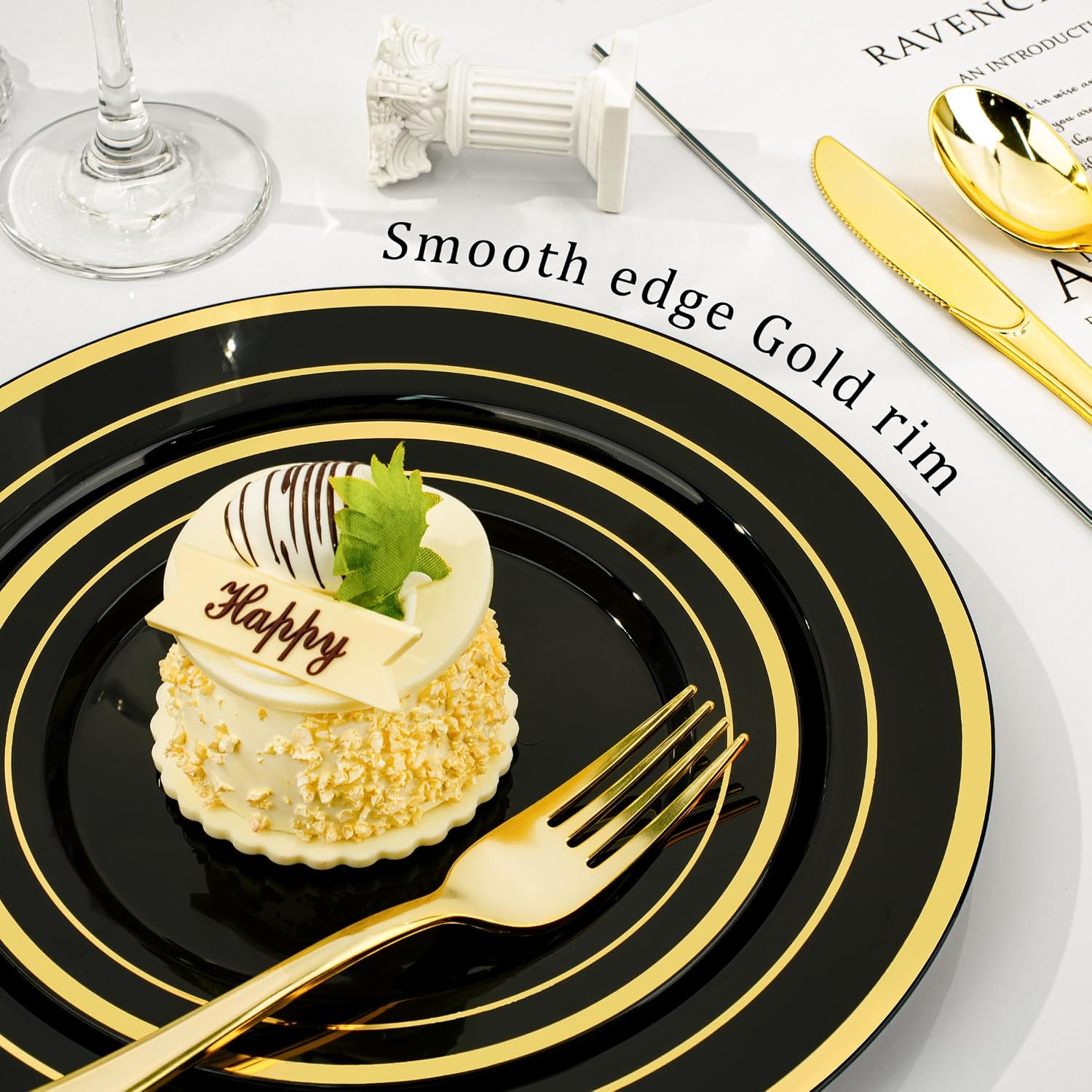 thumbnail video image 2 of Goodluck 350-Piece Black Gold Plastic Dinnerware Set for 50 Guests, Disposable Party Plates, Dessert Plates, Cups, Pre-Rolled Napkins and Silverware for Wedding, Birthday, Party, 2 of 7