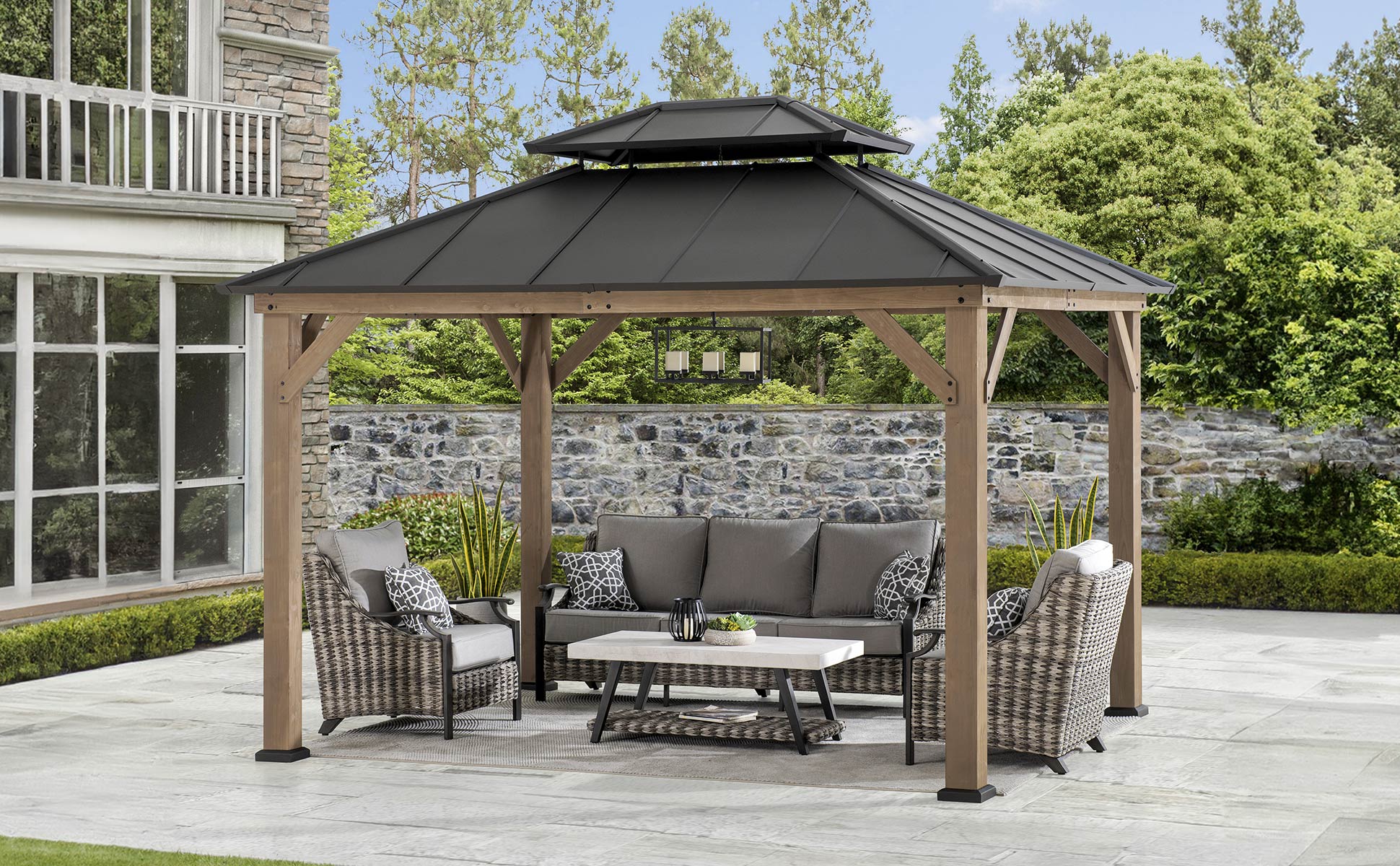 thumbnail video image 2 of SUNJOY 10 x 12 ft. Wood Gazebo, Outdoor Patio Steel Hardtop Gazebo, Cedar Framed Wooden Gazebo with 2-Tier Metal Roof, Suitable for Patios, Lawn and Backyard, Dark Brown Roof + Dark Wood Frame, 2 of 14