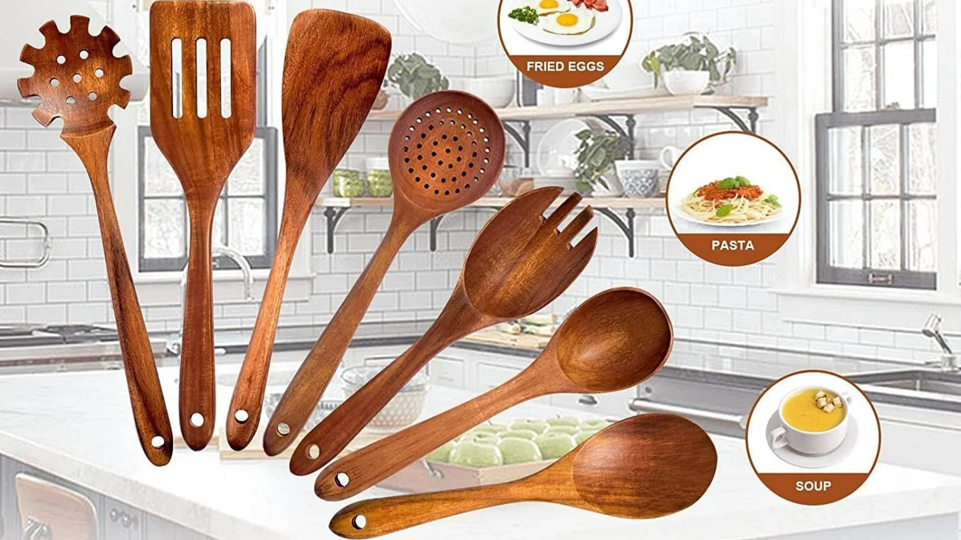 thumbnail video image 2 of 7PCS Wooden Spoons  for Cooking Wooden  Cooking Utensil Set with 2 Hanger Hooks  Heat Resistant  Comfortable Grip Kitchen Utensils Set BPA Free （Brown）, 2 of 7