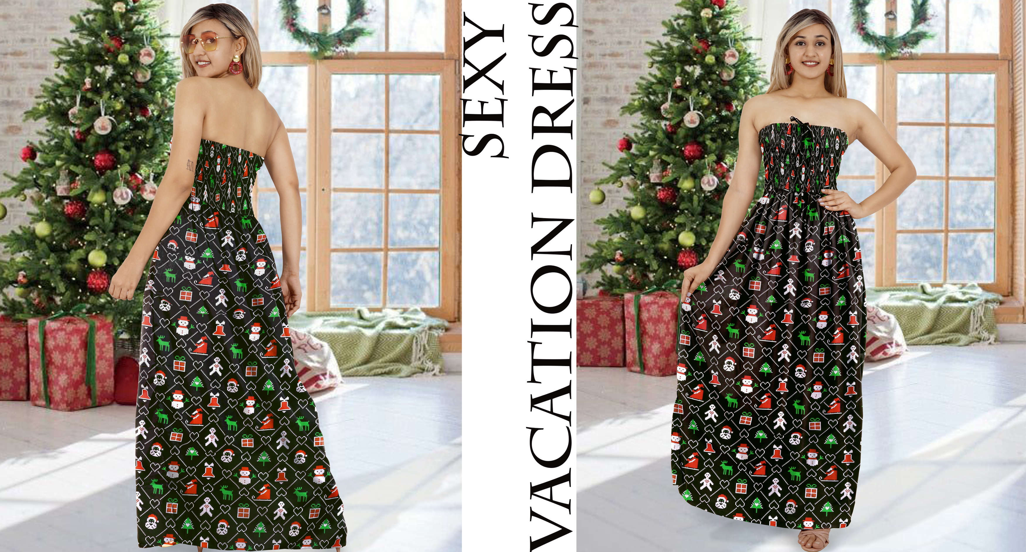 thumbnail video image 2 of HAPPY BAY Women's A line Slit Smocked Maxi Casual Beach Dress Tube Top Evening Long Strapless Tacky Christmas Dresses for Women L-XL Coal, Christmas, 2 of 6