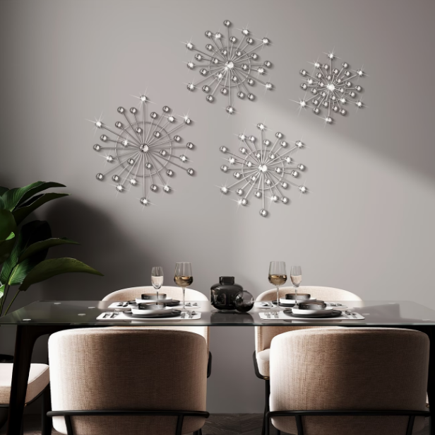 thumbnail video image 2 of 4 Pcs Wall Decor Hanging 3d Wall Art, Bling Crystal Cast Star Sun Rhinestone Decor, Silver Stainless Steel Wall Decor Living Room for Bedroom Office, Kitchen, 2 of 7