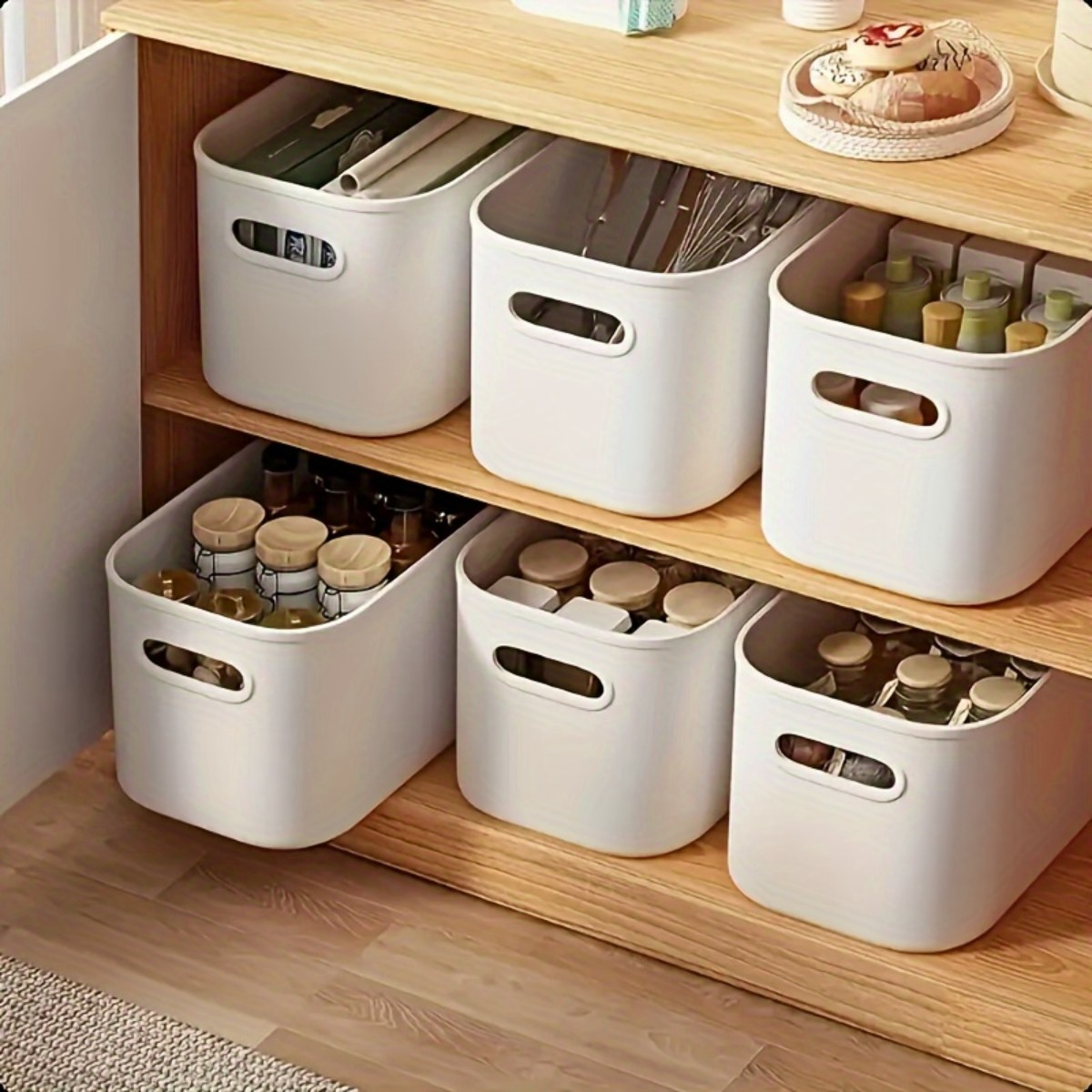 thumbnail video image 2 of NTYNTY Six-piece Ivory Ribbon Cover Storage Basket, Modern Waterproof plastic storage container,very suitable for family storage., 2 of 11