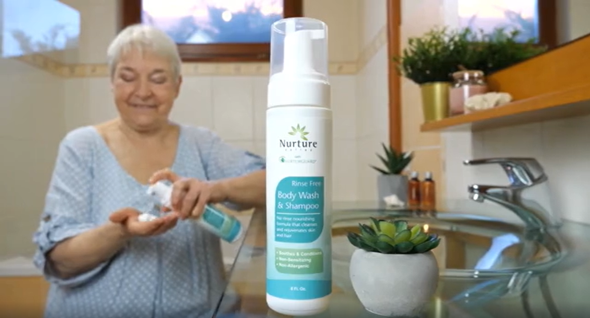 thumbnail video image 2 of Nurture Rinse Free Body Wash & Shampoo, Hospital Grade Waterless Cleansing Foam for Hair & Body, Ideal for Sensitive Skin, Women, Elderly, 3 Pack, 2 of 11