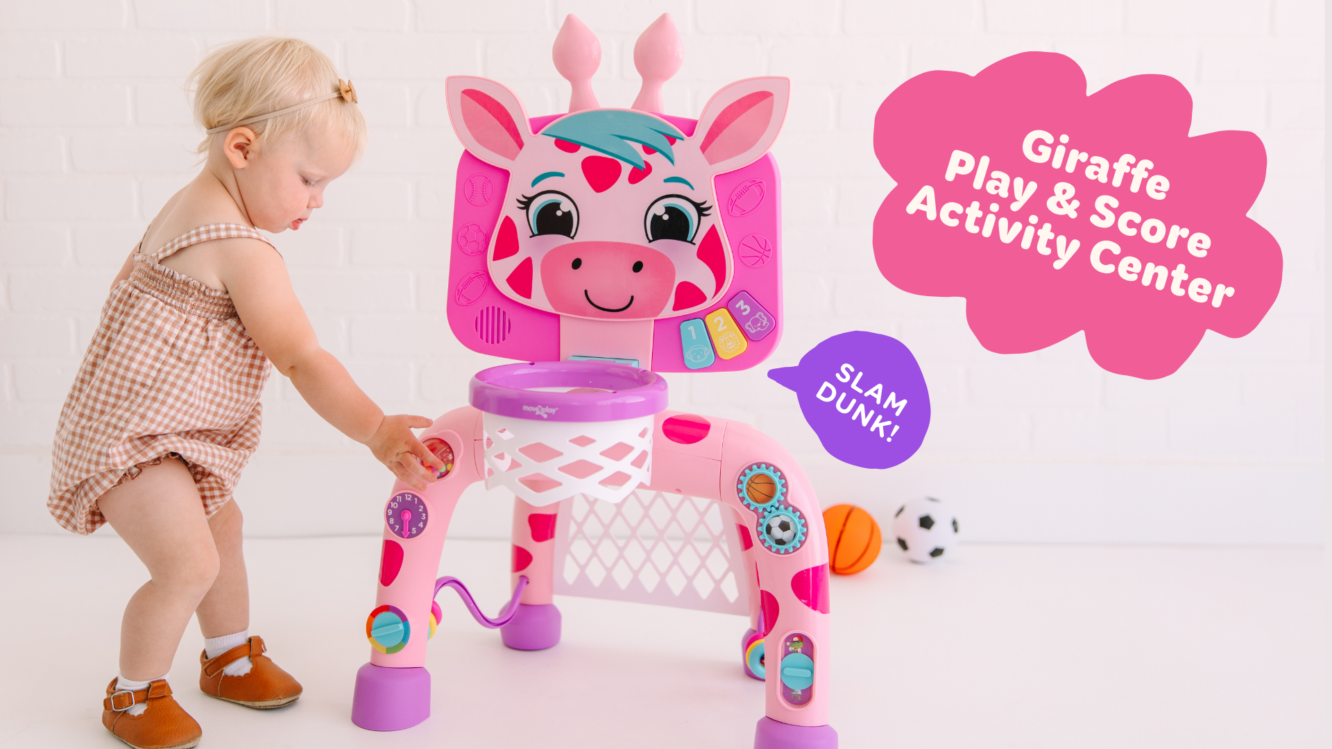 thumbnail video image 2 of Move2Play, Giraffe Basketball Hoop & Soccer Goal Activity Center | 30+ Sounds & Songs + 5 Lights | 1 2 3 Year Old Birthday Gift for Boys and Girls | Toy for Baby & Toddlers (Pink), 2 of 6