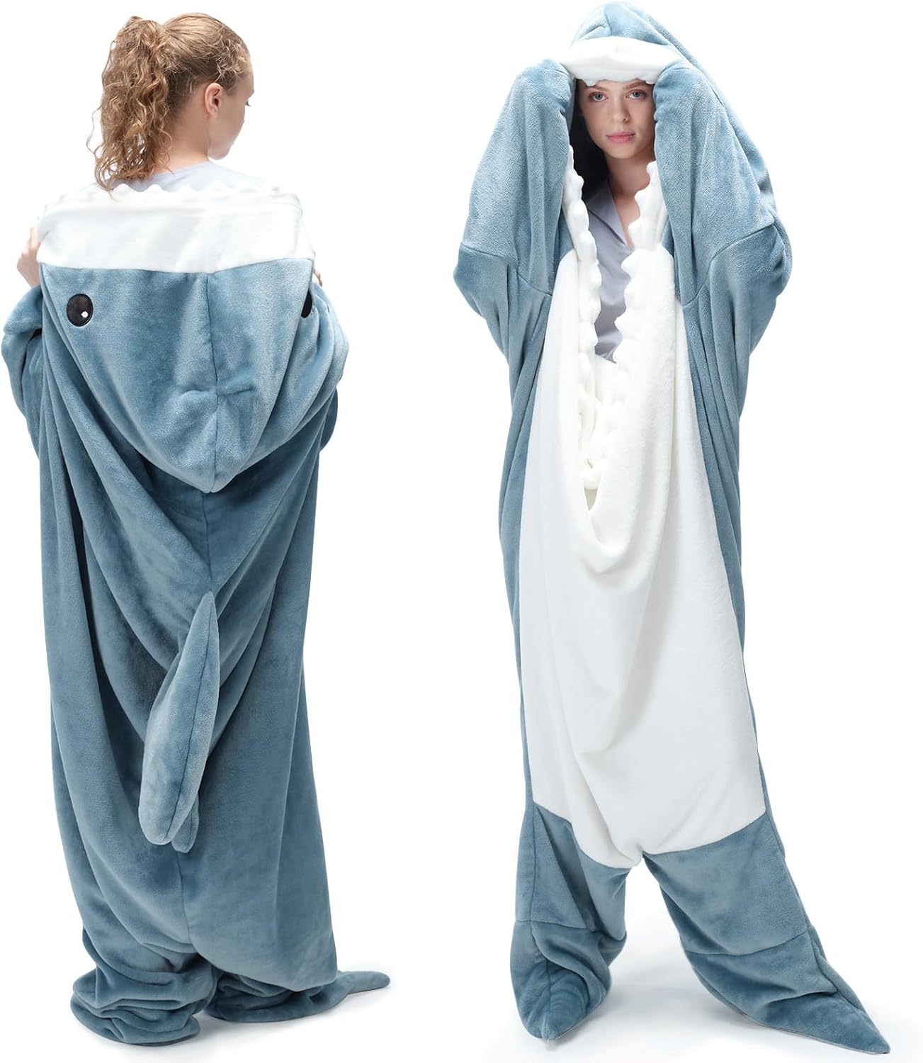 thumbnail video image 2 of Shark Blanket Hoodie Onesie, Blue Wearable Sleeping Bag for Adults, Soft Cozy Costume, XL, 2 of 7