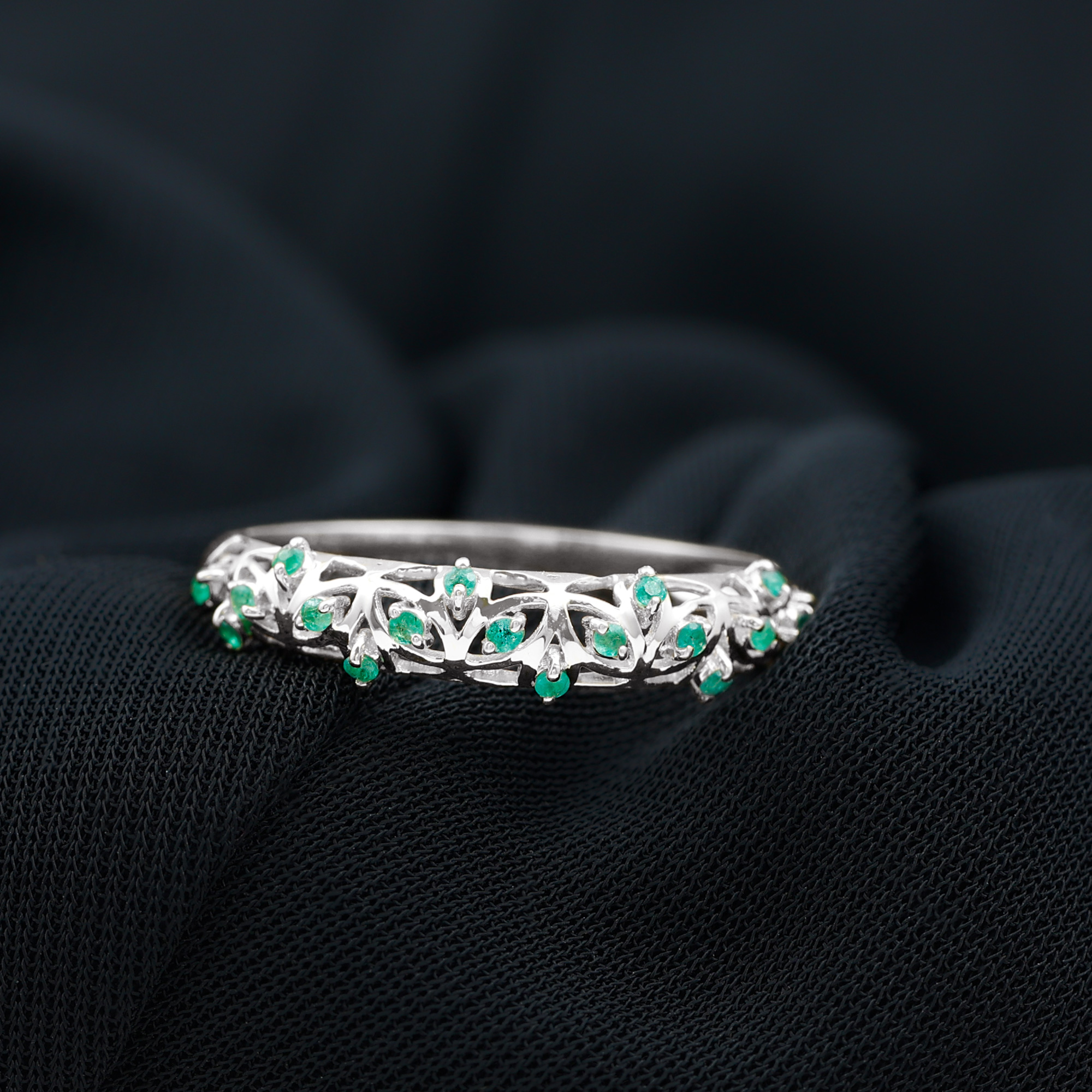 thumbnail video image 2 of Rosec Jewels Emerald Half Eternity Band Ring, Gold Filigree Band Ring (0.50 CT), 925 Sterling Silver, US 4.00, 2 of 8