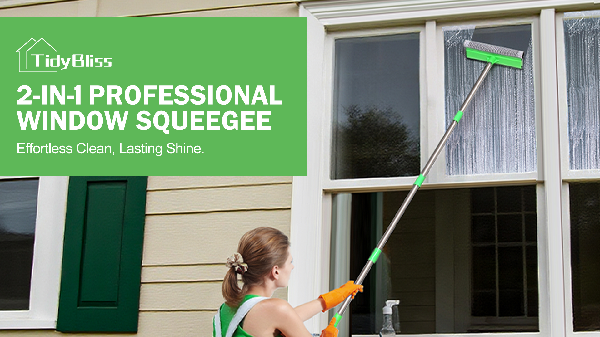 thumbnail video image 2 of TidyBliss Window Squeegee for Home with Extension Pole 56" (Green), 2 of 9
