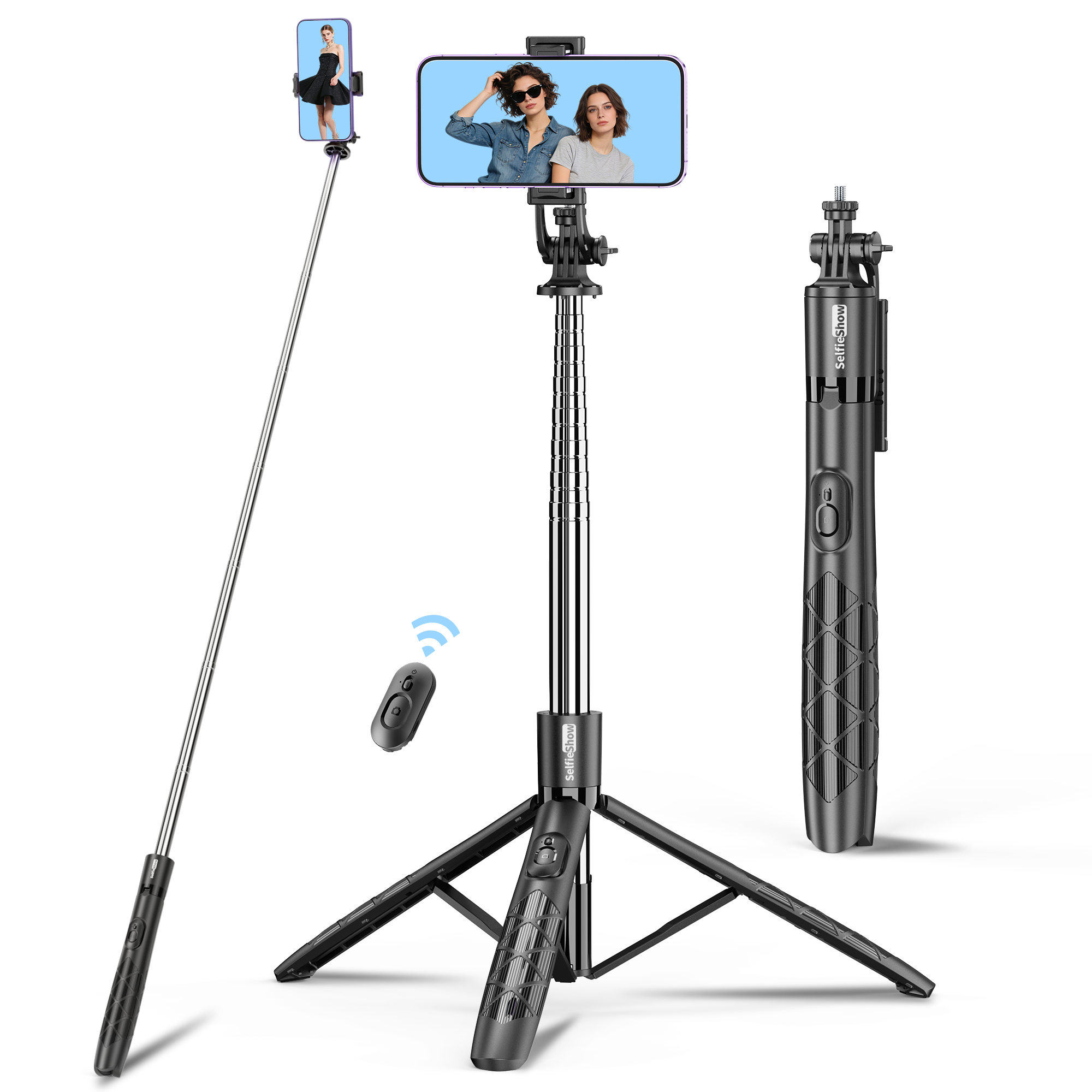 thumbnail video image 2 of SelfieShow 71" Phone Tripod & Selfie Stick for iPhone with Wireless Remote, Extendable Cell Phone Tripod Stand, for Travel, Video Recording, Compatible with iPhone Android, Camera, 2 of 10