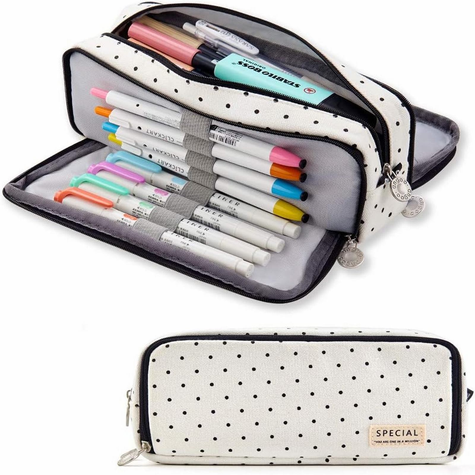 thumbnail video image 2 of CoreLiving Large Pencil Case Big Capacity Pencil Pouch with 3 Compartments Canvas Pen Bag Marker Pen Bag Pencil Case for Women Black Polka Dot, 2 of 10