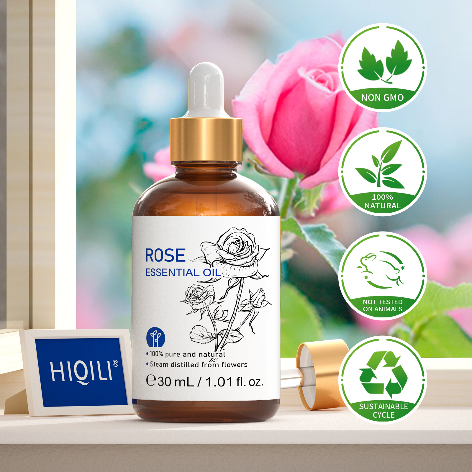 thumbnail video image 2 of HIQILI Rose Essential Oil, 100% Natural for Aromatherapy, Diffuser, Skin Care, Massage, Bath-30mL, 2 of 6