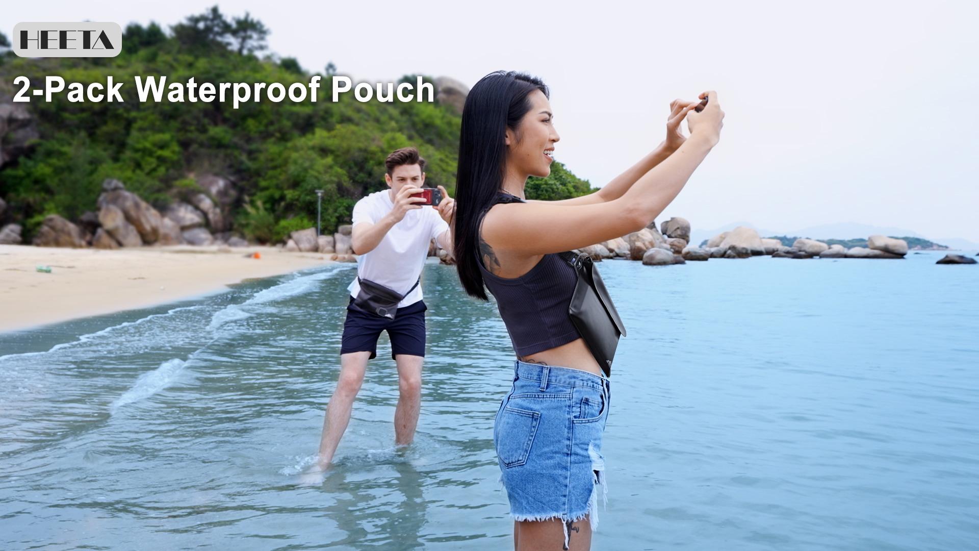thumbnail video image 2 of HEETA Waterproof Fanny Pack, Waterproof Dry Bag 2Pack for Phone Passport, Adjustable Waist Strap for Swimming Kayaking Boating Paddle Board Accessories Cruise Beach Camping Essentials,Black & Orange, 2 of 7