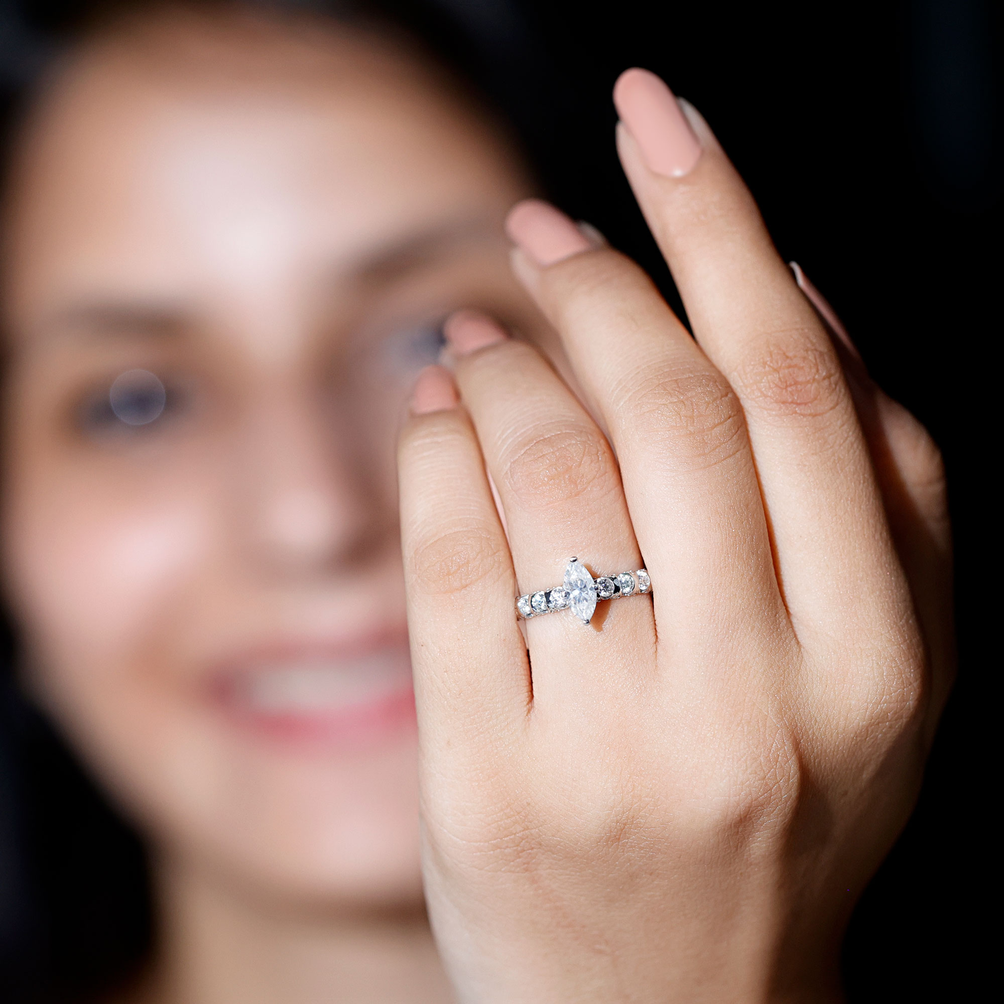 thumbnail video image 2 of Rosec Jewels Silver Moissanite Ring (D-VS1 Quality) - Marquise Engagement Ring with Side Stones - Stamped 925 Sterling Ring, US 7.50, 2 of 8