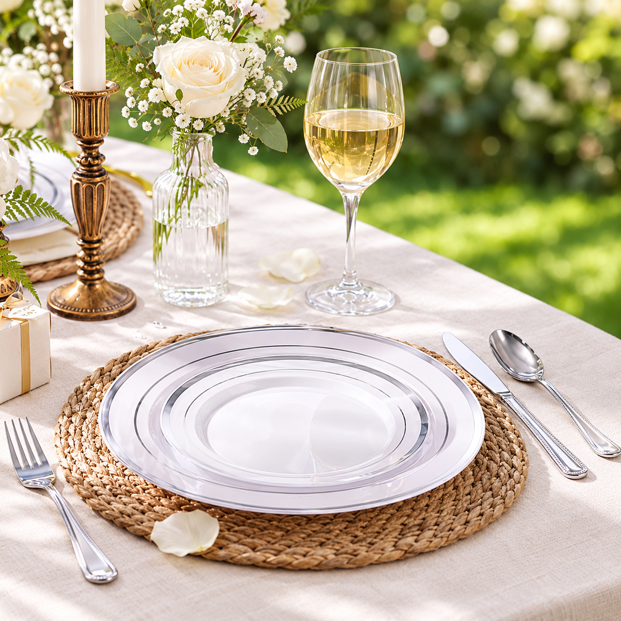 thumbnail video image 2 of Goodluck 200-Piece Silver Plastic Plates, Disposable Dinnerware Set with 100 Dinner Plates and 100 Dessert Plates for Party, Wedding and Birthday, 2 of 8