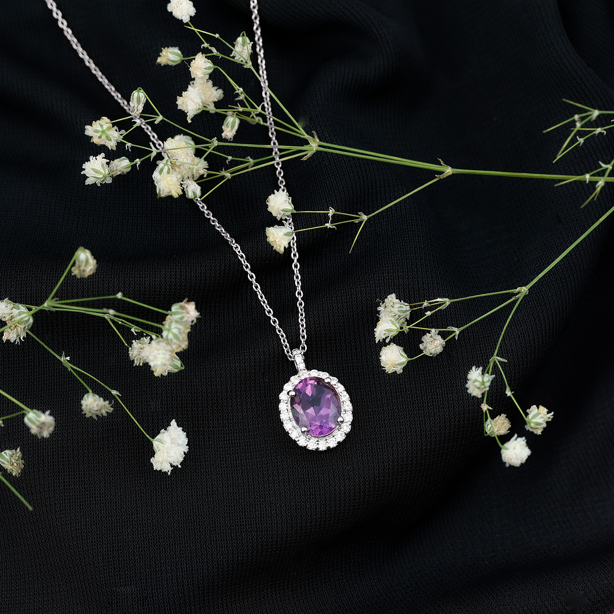 thumbnail video image 2 of Rosec Jewels Oval Shape Amethyst Pendant Necklace with Moissanite Halo (8X10 mm, AAA Quality), 14K Yellow Gold, 2 of 8