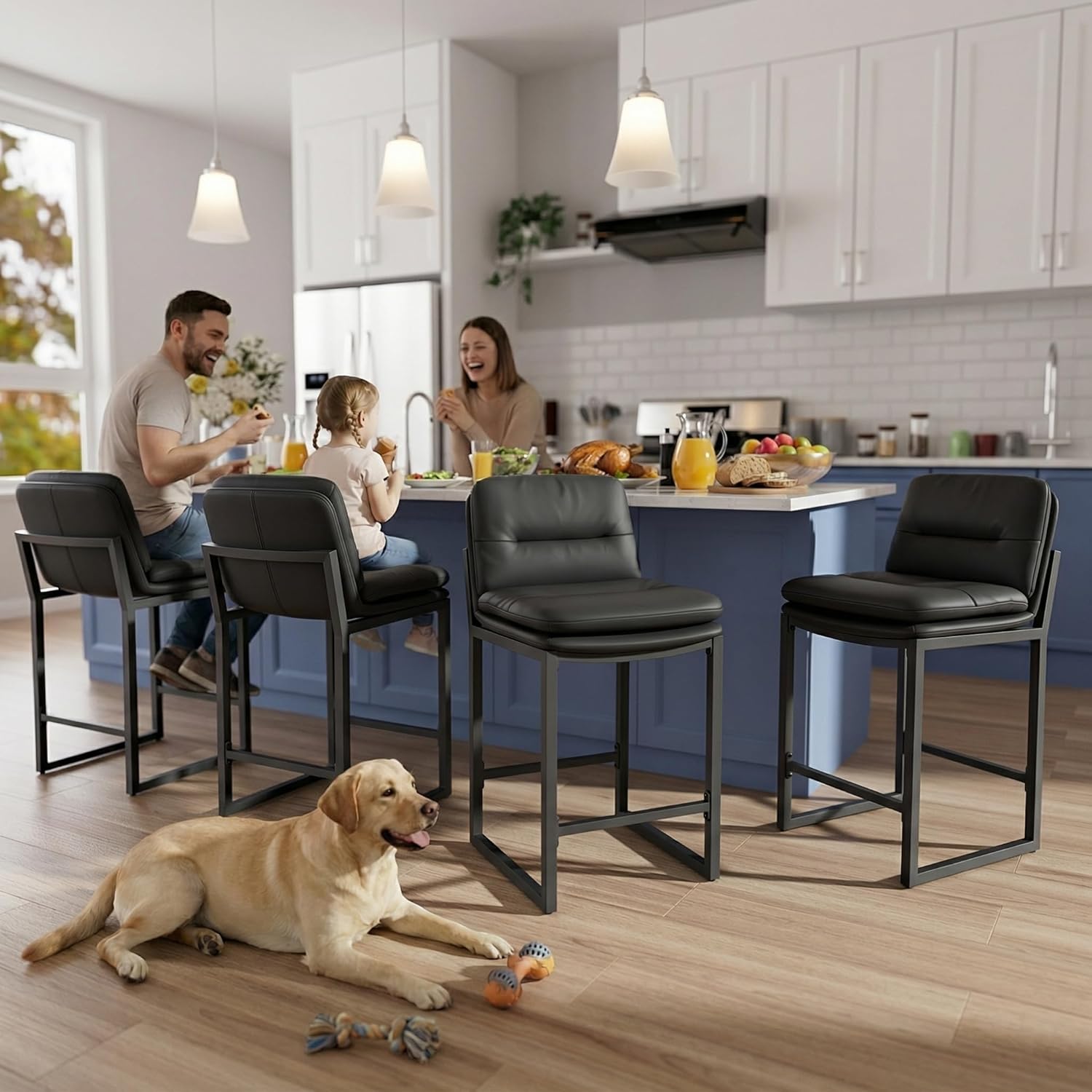 thumbnail video image 2 of HomeZeer Bar Stools Set of 2, 26" Modern Square Seat &nbsp;PU Leather Low Back Counter Height, Upholstered Kitchen Island Stools for Dining & Bar, Black, 2 of 10