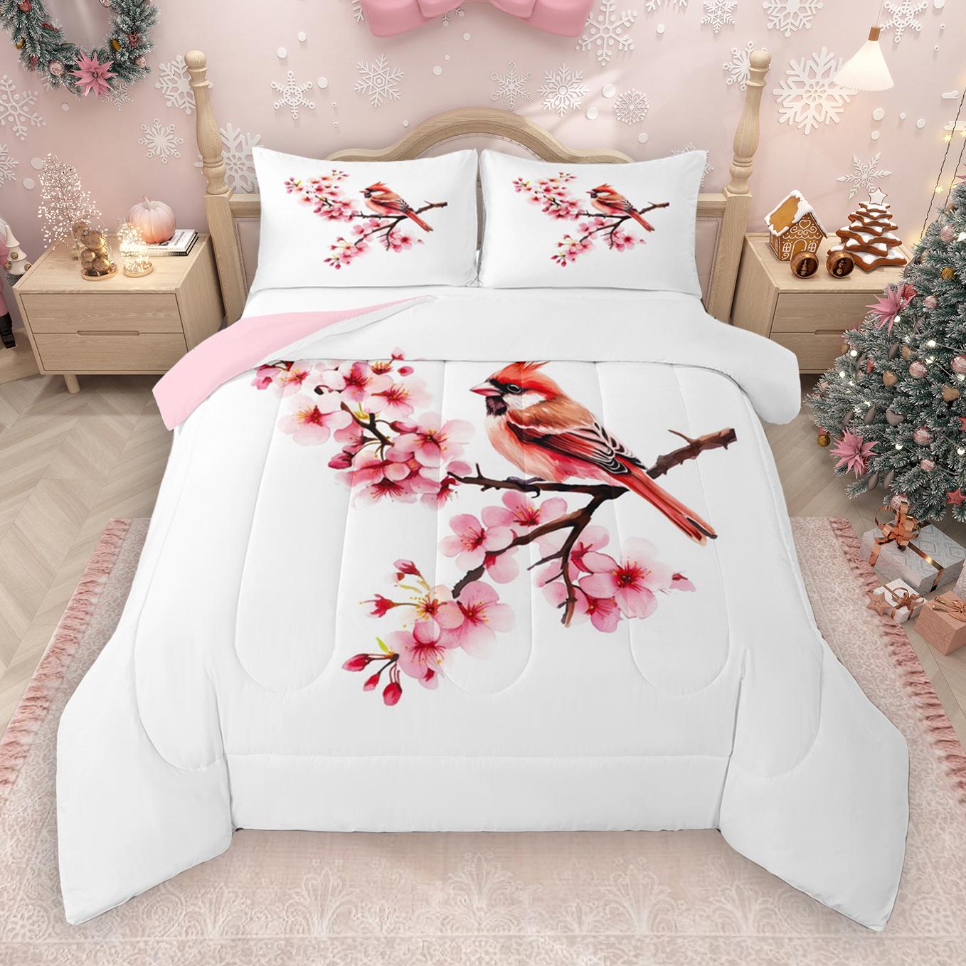 thumbnail video image 2 of Manfei Cute Xmas Cardinals Queen Comforter Set,Sakura Bedding Sets,Pink Red White Bedding Comforter Set For Girls Teens,Ultra Soft Home Decor Reversible,3 Pieces, 2 of 9