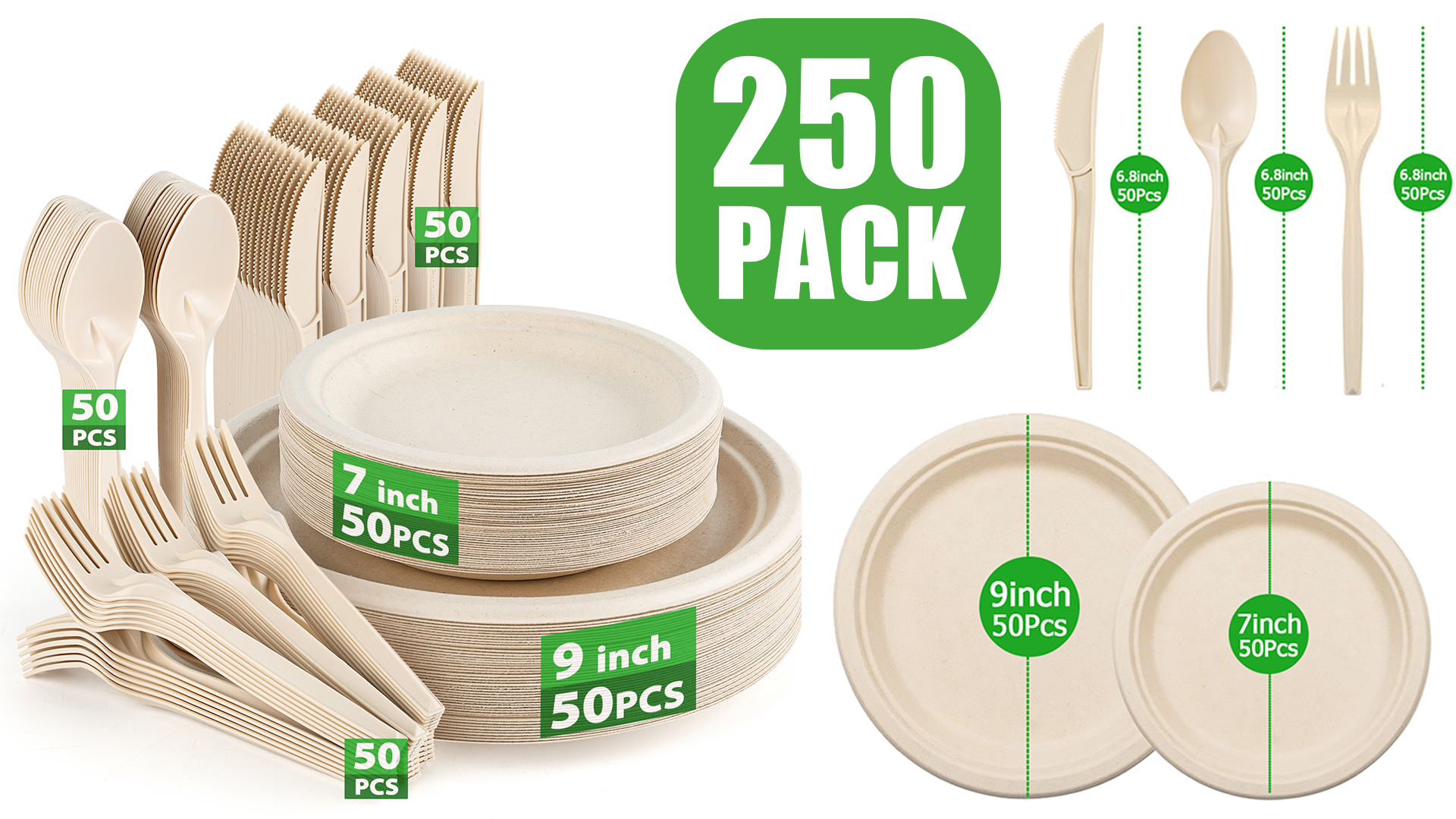 thumbnail video image 2 of Compostable Paper Plates Set 250PCS Disposable Plates and Utensil Biodegradable Dinnerware for Party Sugarcane Plates Forks Knives Spoons for 50 People, 2 of 8