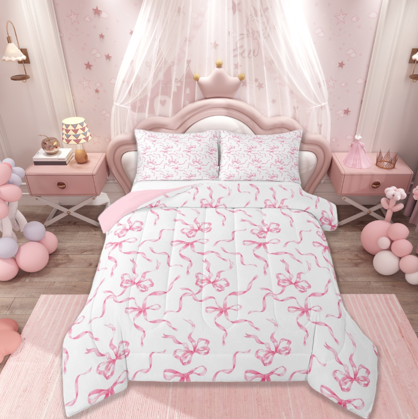 thumbnail video image 2 of jejeloiu Cute Bowknot Bedding Comforter Set,Ribbon Bow Twin Comforter Sets,Pink White Bedding Set For Girls,Super Cozy Bedroom Decor Reversible,2 Pieces, 2 of 10