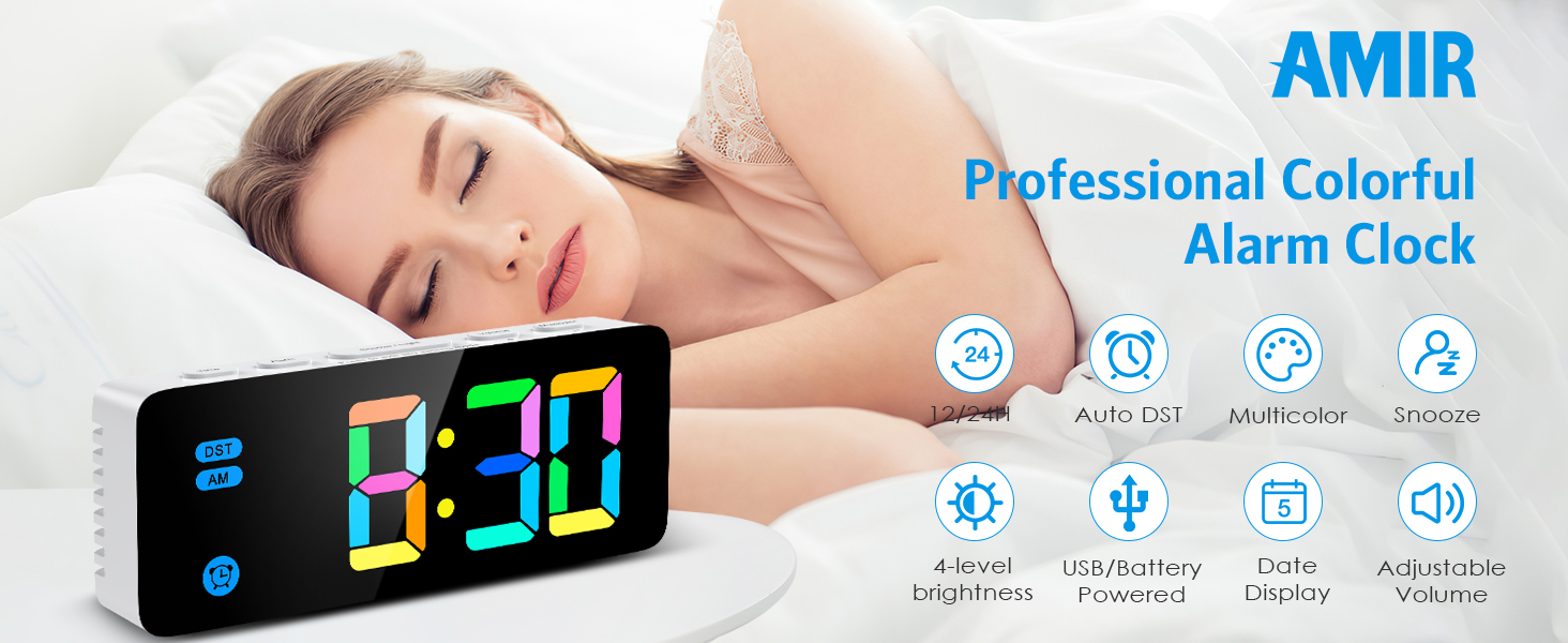 thumbnail video image 2 of Alarm Clock, AMIR Digital Alarm Clock 5.8-inch RGB LED Clock with DST Automatic Daylight Saving Time Snooze Calendar Volume Brightness Adjustable Clock for Kids Bedroom Gift, 2 of 11