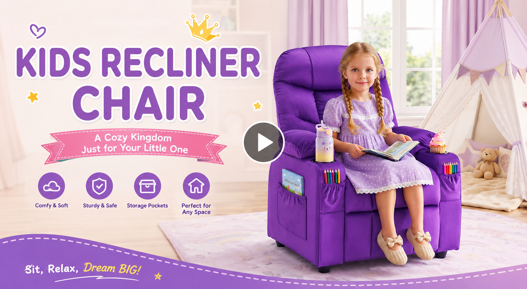Children's Adjustable Recliner Chair with Cup Holders, Footrest ...