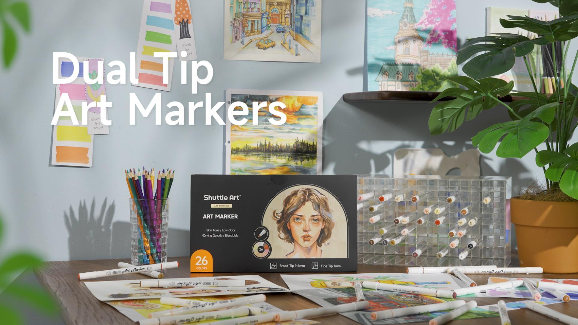 thumbnail video image 2 of 26 Colors Skin Tone&Hair Art Markers, Shuttle Art Dual Tip Alcohol Based Flesh-Color Marker Pen Set Contains 1 Blender Perfect for Adults Portrait,Comic, Anime, Manga, Illustration., 2 of 9