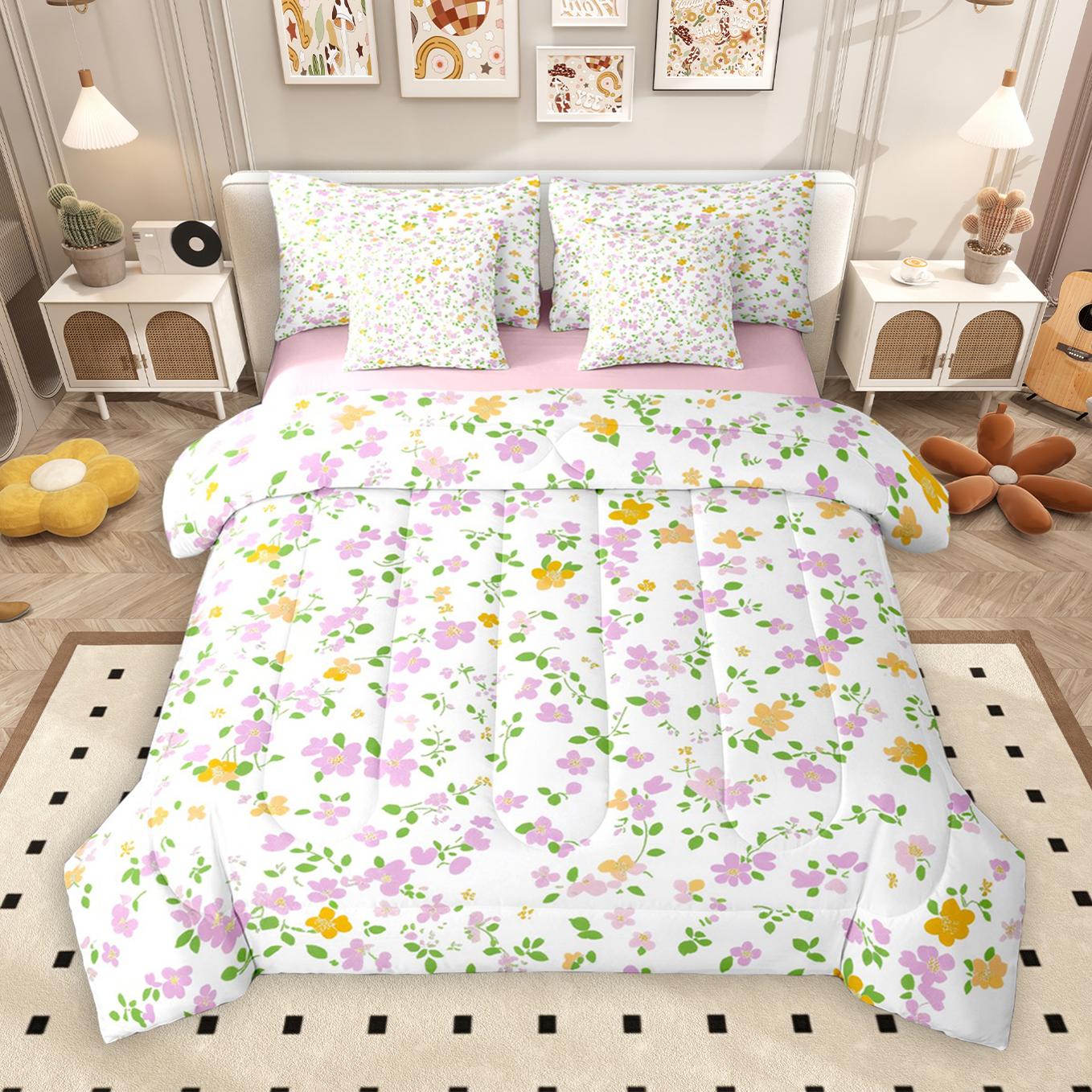 thumbnail video image 2 of Manfei Vintage Flower Daisy 7 Pieces Bedding Comforter Set,Rustic Floral Leaves Full Bedding Set,Pink Green Fitted Sheet Flat Sheet For Daults,Ultra Soft Home Decor Reversible, 2 of 9